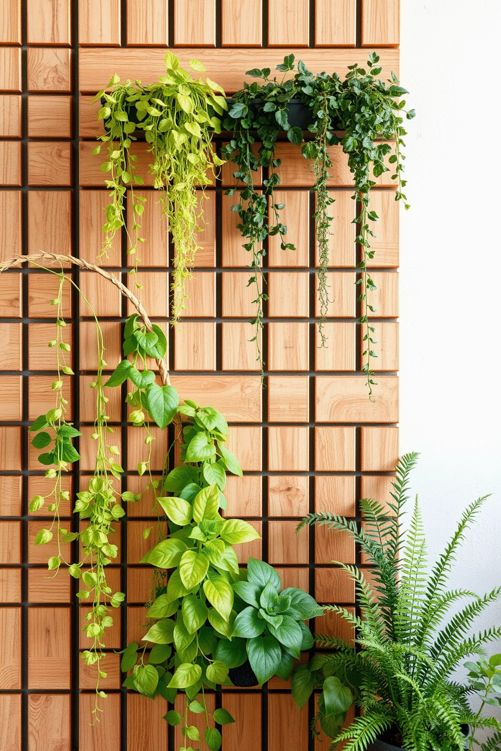 A stylish DIY vertical garden setup with various trailing plants on a slatted wooden wall, natural light, clean background.