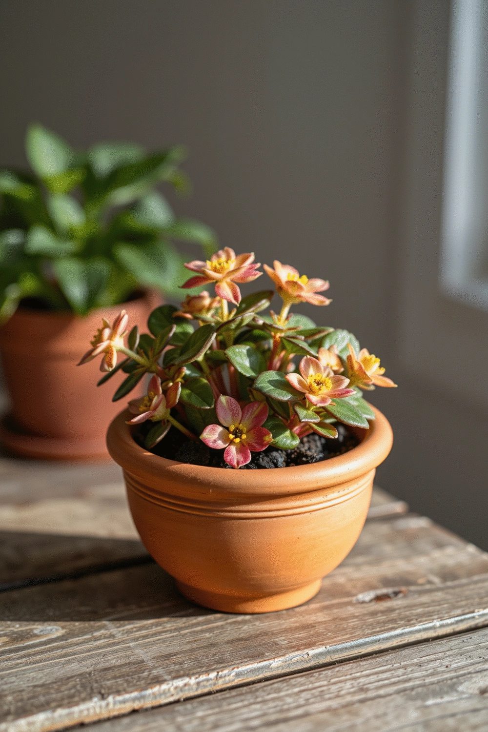 Close-up of a decorative terracotta pot with seasonal plants