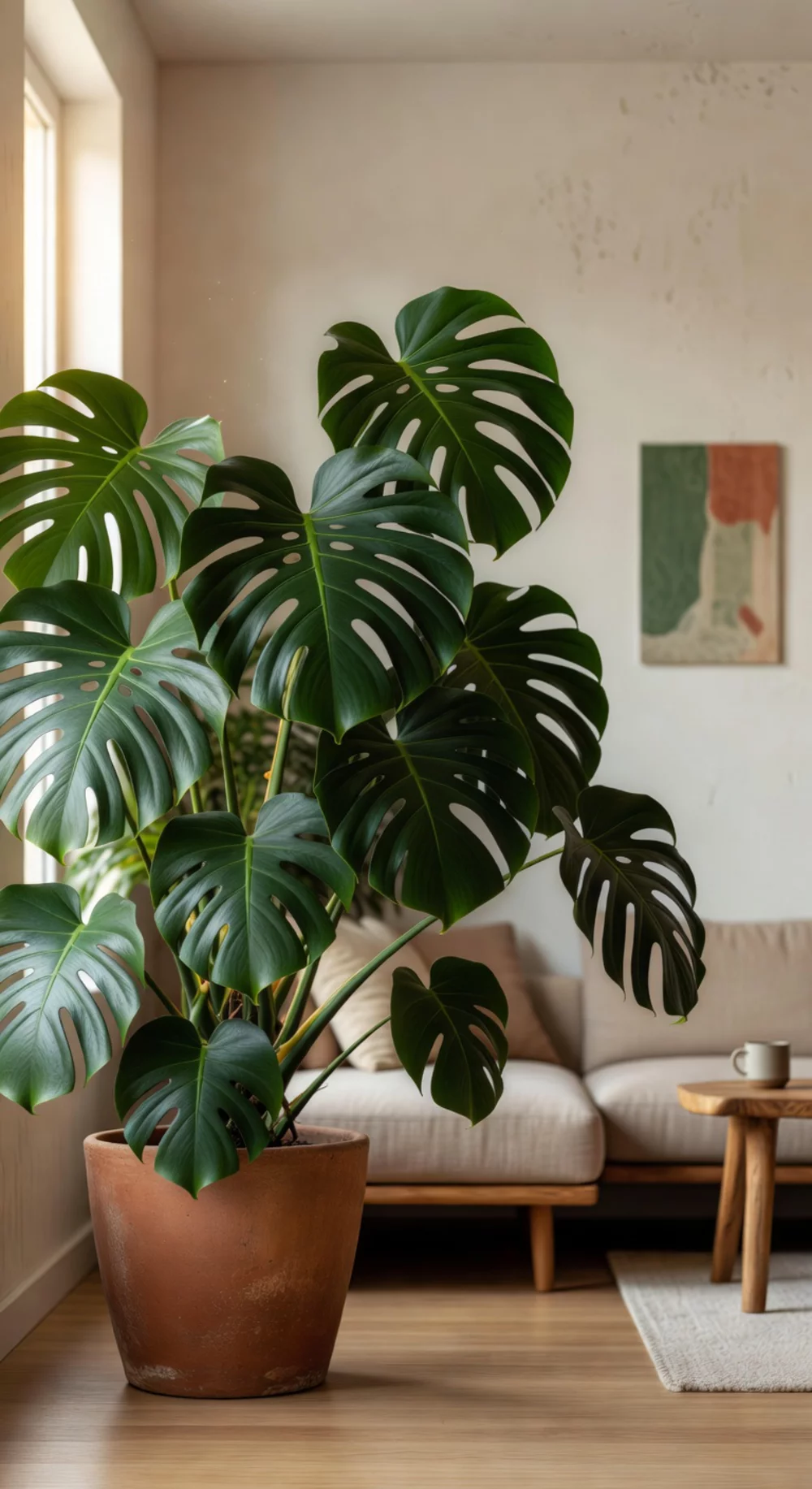 Monstera Deliciosa in a Large Terracotta Pot That Fills a Living Room Corner