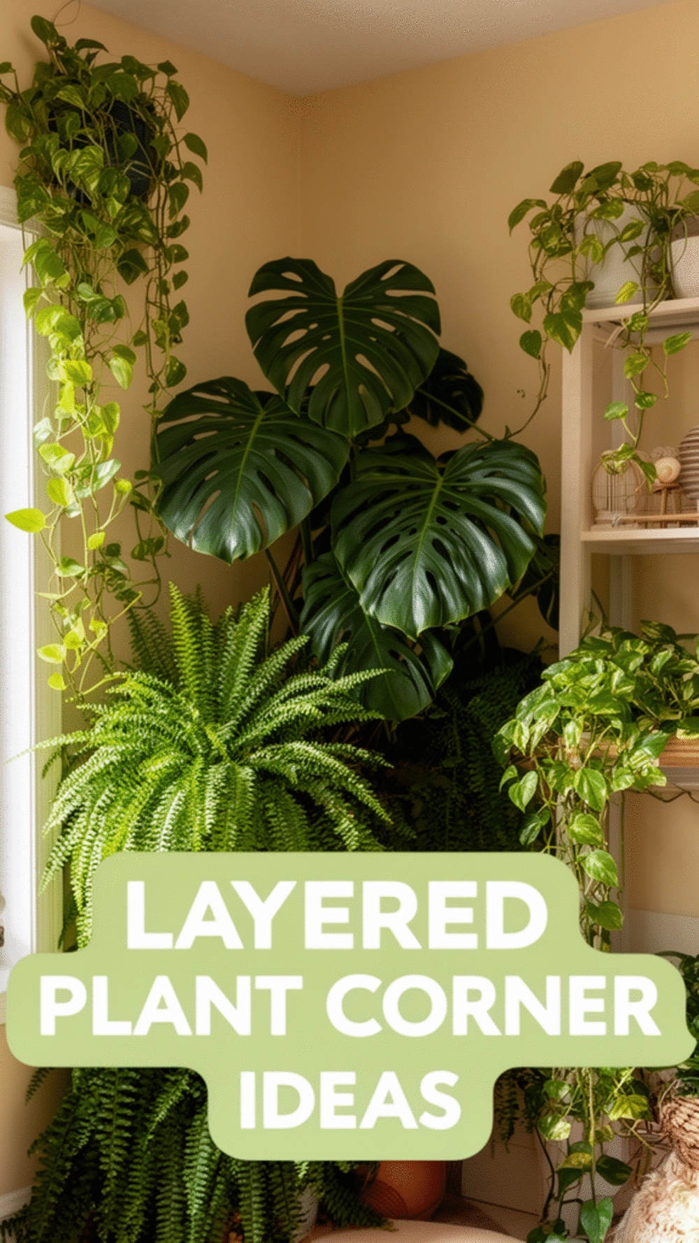 Layered Plant Corner Using Monstera, Fern, and Trailing Pothos Together