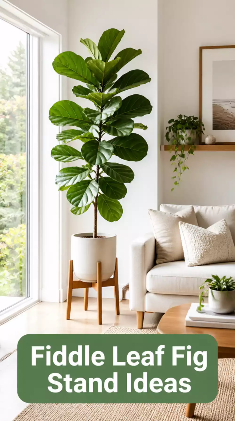 Living Room Fiddle Leaf Fig on a Wooden Plant Stand That Shows Off Its Full Height
