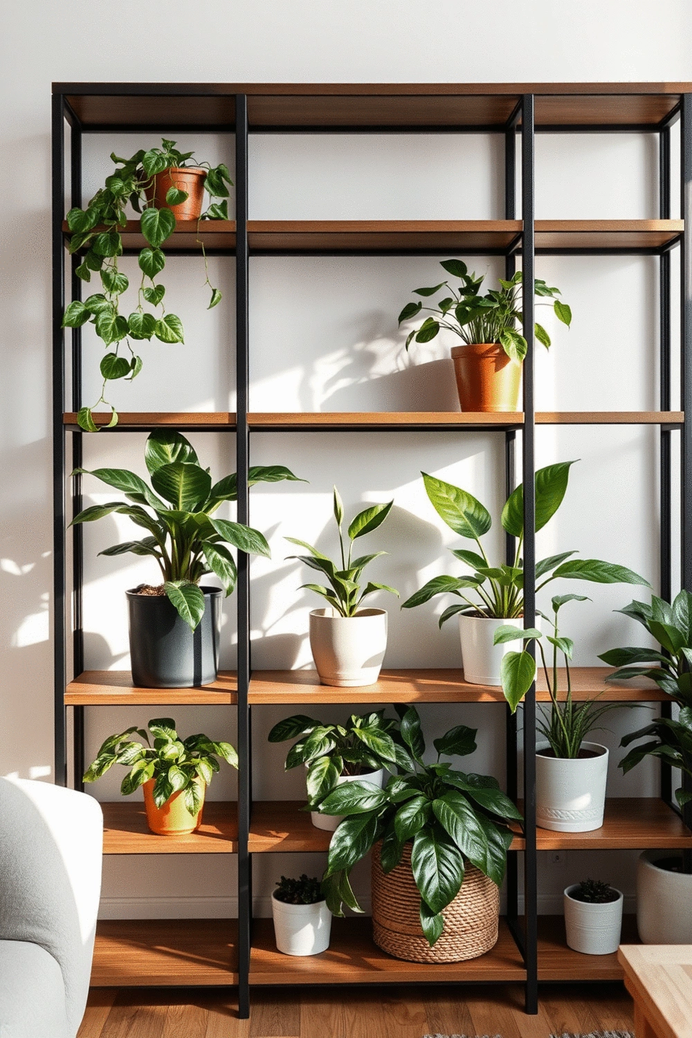 Stylish plant shelf with an assortment of indoor plants, including a Snake Plant, Pothos, and Peace Lily, in a modern minimalist living room setting