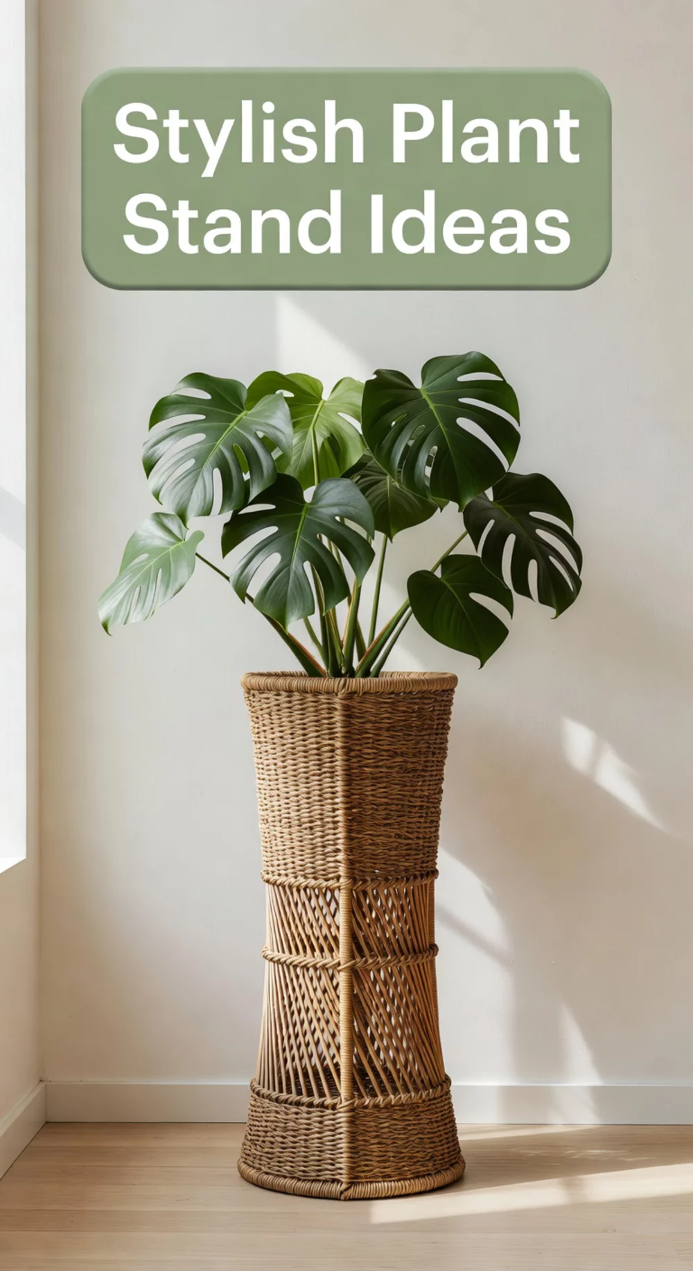 Living Room Monstera on a Tall Rattan Stand That Shows Off Its Full Leaf Spread