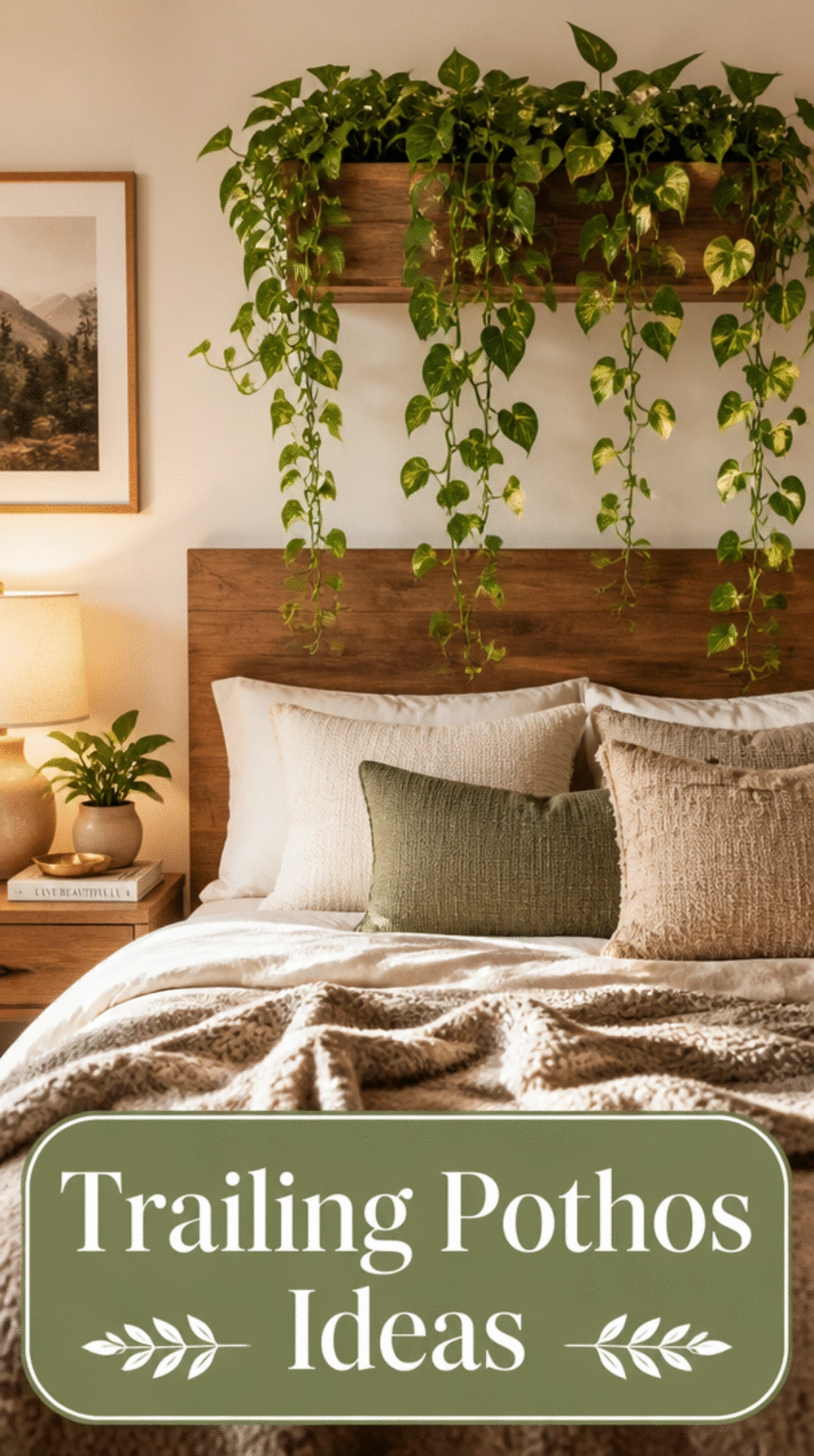 Bedroom Pothos in a Trailing Hanging Planter Above a Headboard Wall