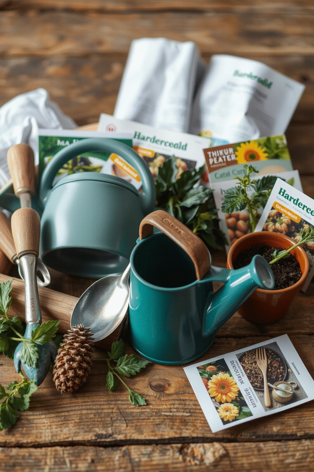 Assortment of gardening tools, including a small trowel, a watering can, and various seed packets, arranged neatly on a wooden surface.