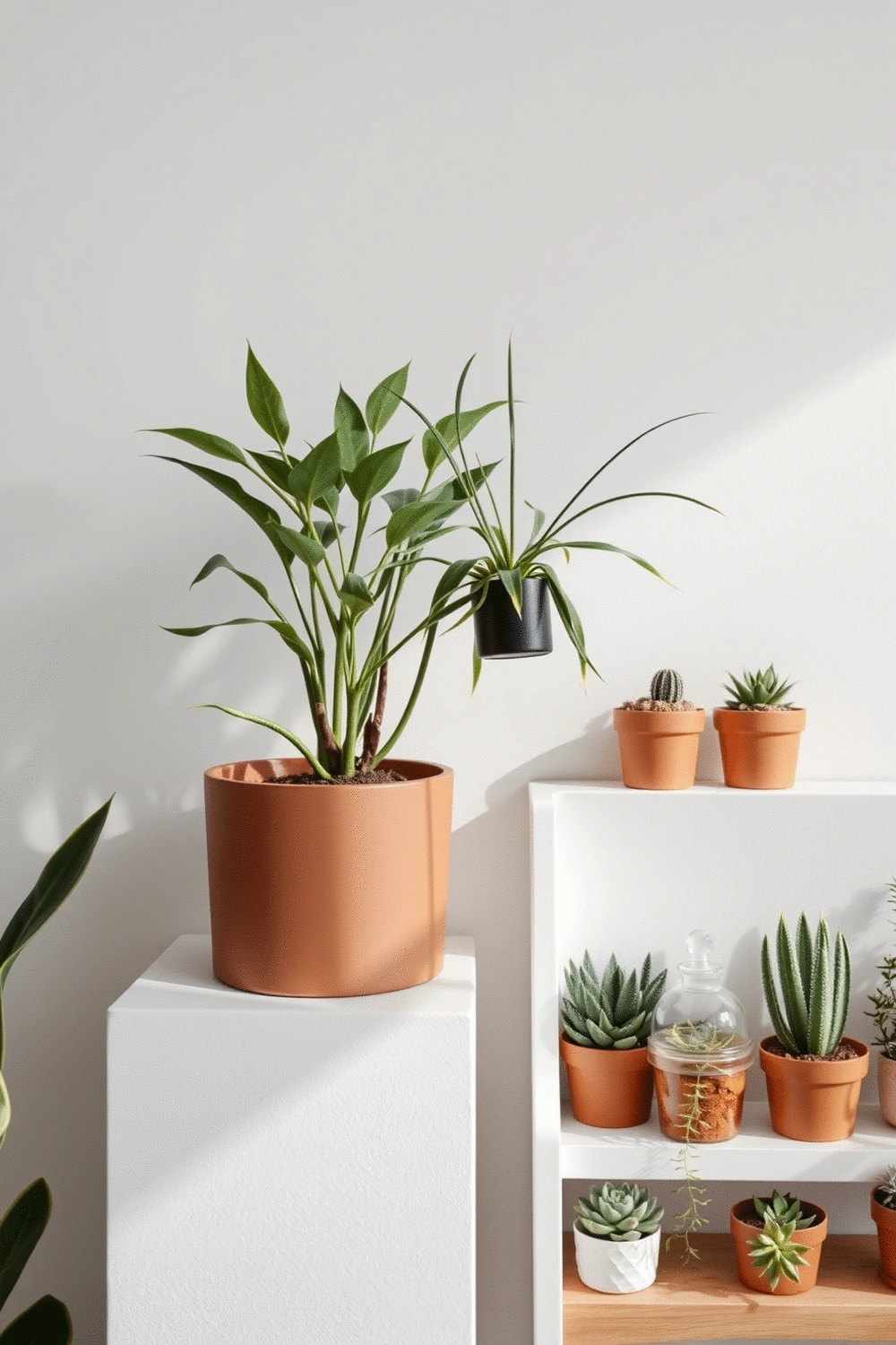 Various low-maintenance plants like a ZZ Plant, Spider Plant in a pot, and an assortment of succulents on a minimalist shelf, showcasing their adaptability to different home environments.