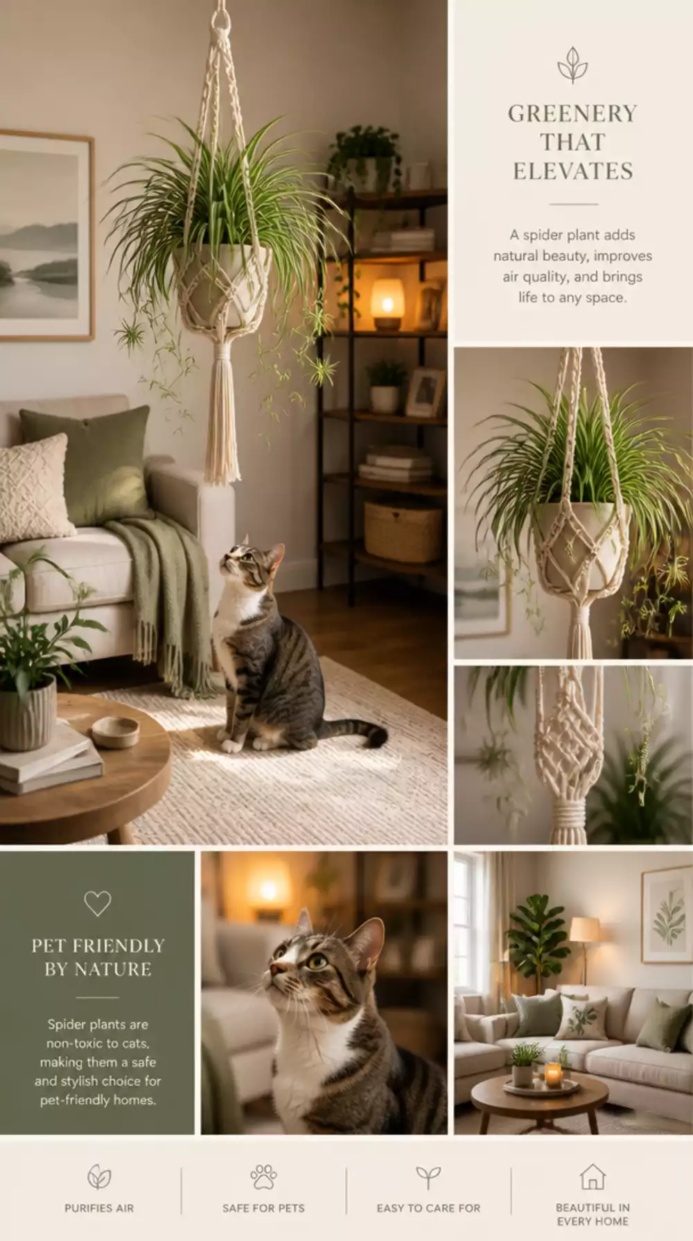 Spider Plant in a Hanging Planter That Keeps Trailing Leaves Away from Curious Cats