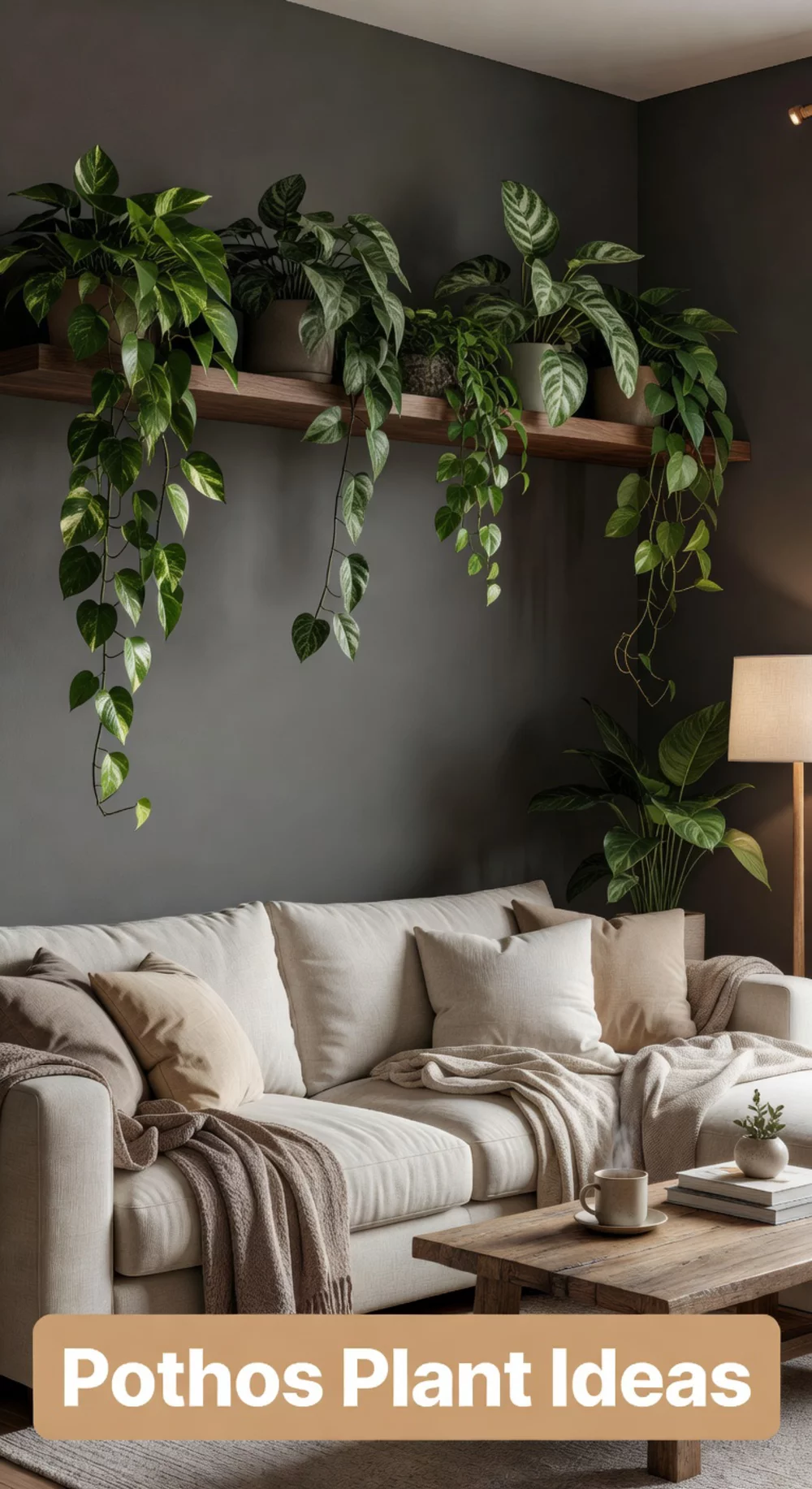 Living Room Pothos Trailing from a High Shelf in a Dark Neutral Corner