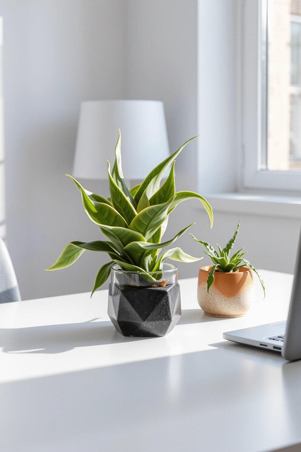 Modern home office desk with a snake plant and a small succulent, bathed in soft, natural light.
