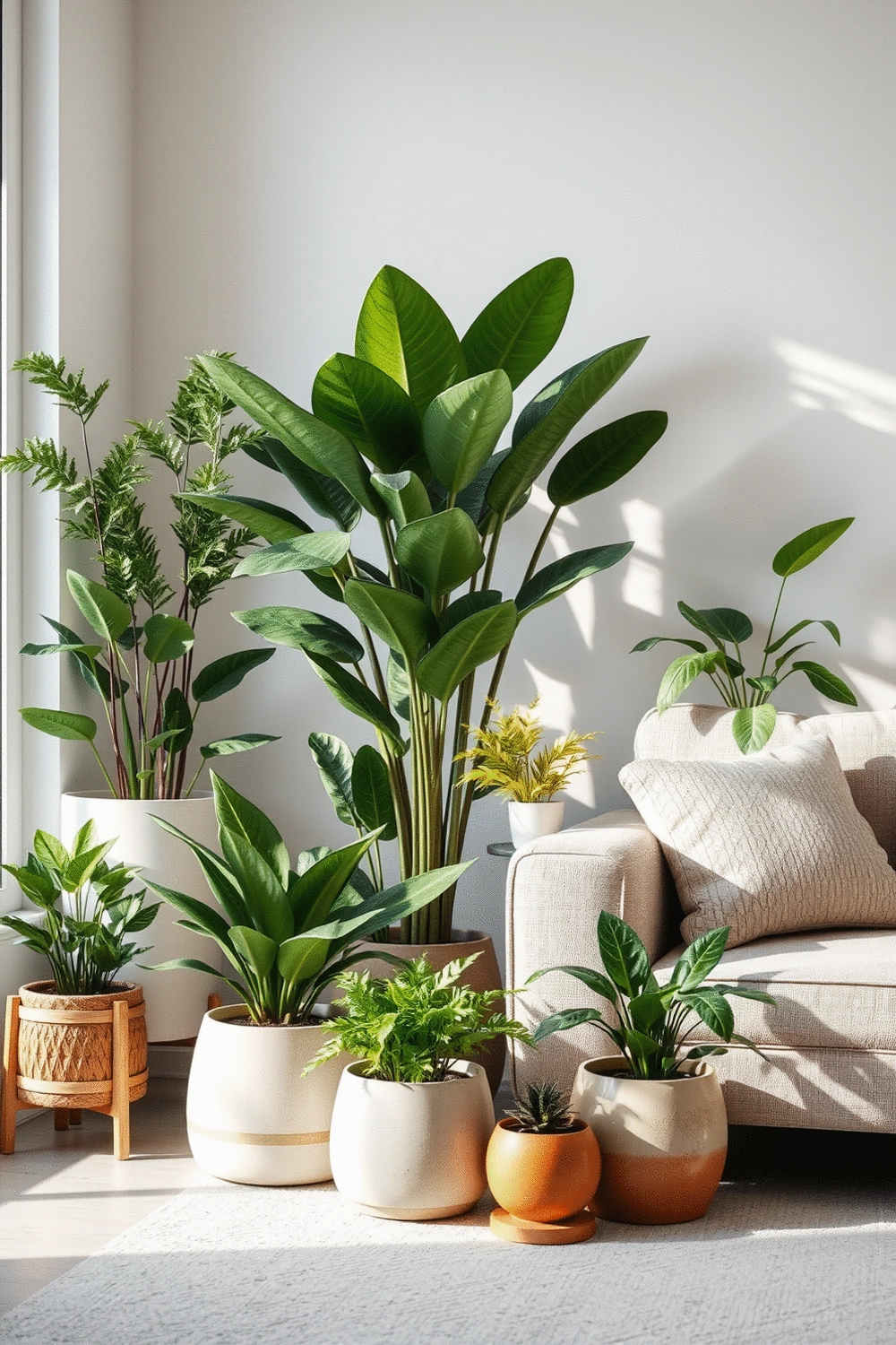 A tastefully arranged living room corner with a mix of faux and real plants in various stylish planters, creating a lush, serene, and inviting atmosphere. No humans, no text.