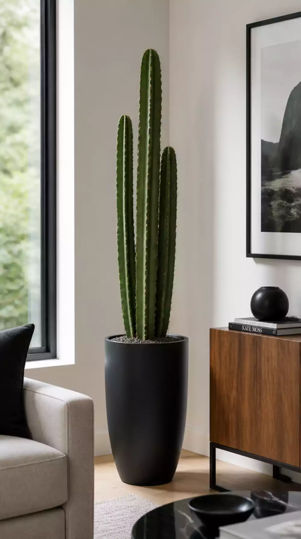Tall Columnar Cactus in a Matte Black Pot That Anchors a Modern Living Room Corner