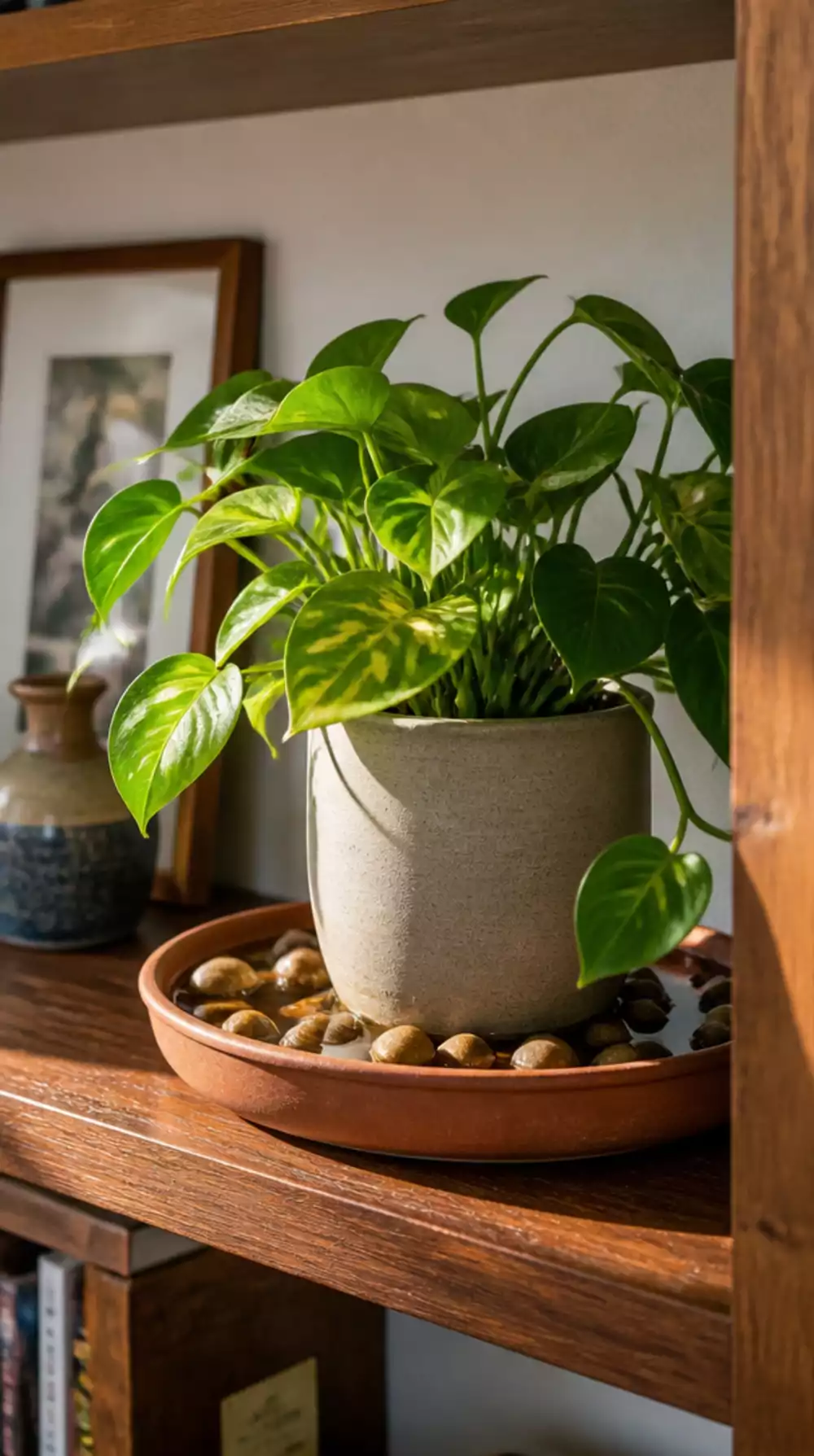 Plant Pebble Humidity Tray in Terracotta That Sits Under Any Pot on a Shelf