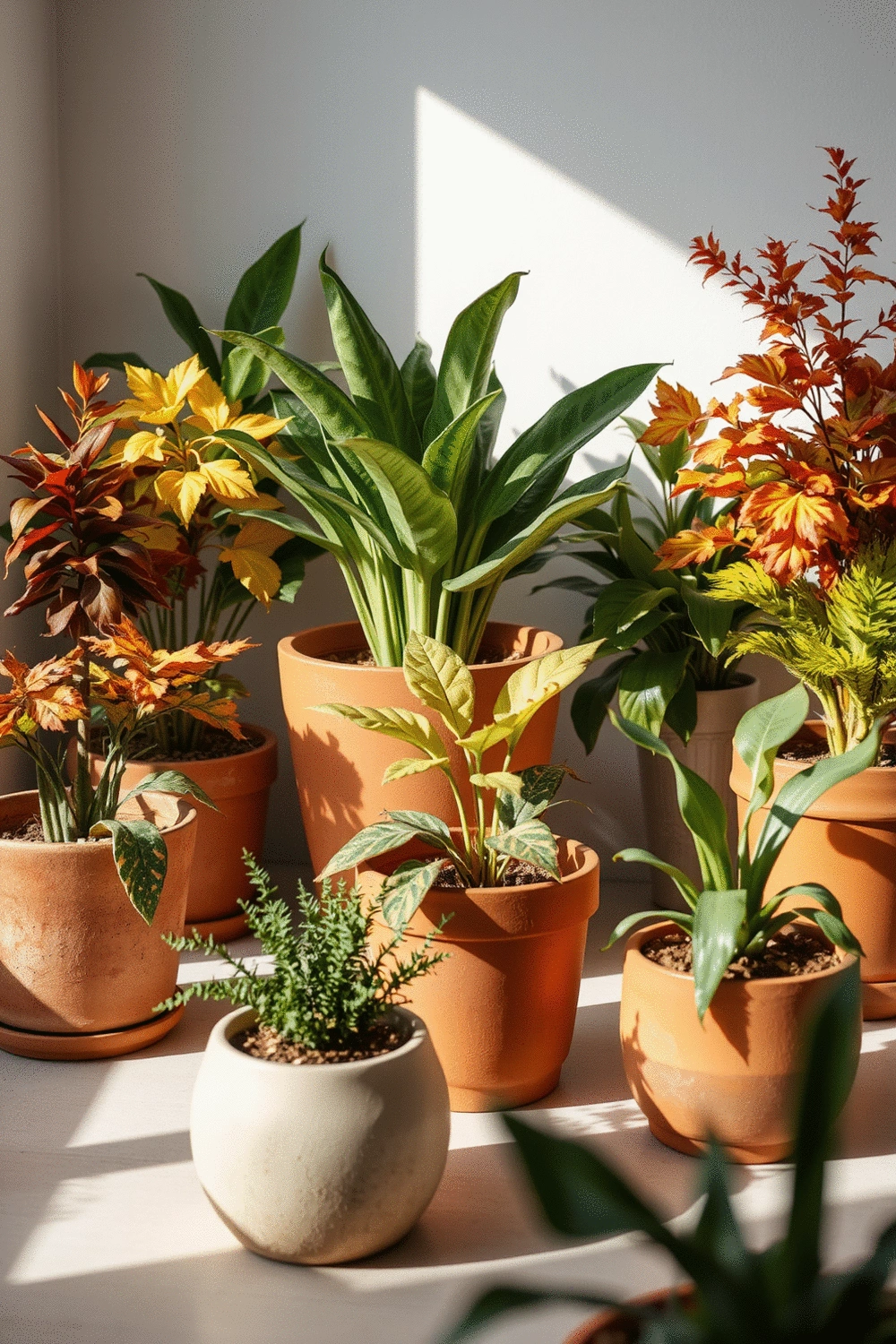 Stylized indoor plant arrangement with fall color palette