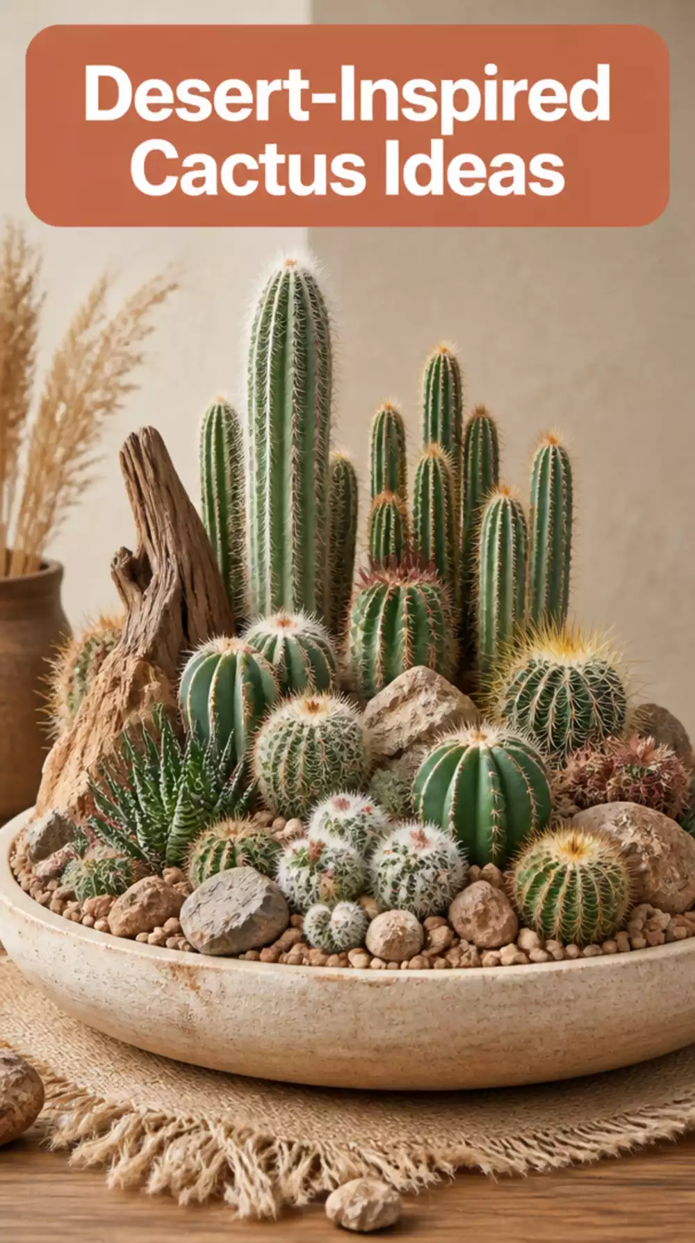 Clustering Cactus in a Wide Shallow Bowl That Creates a Desert-Inspired Indoor Scene