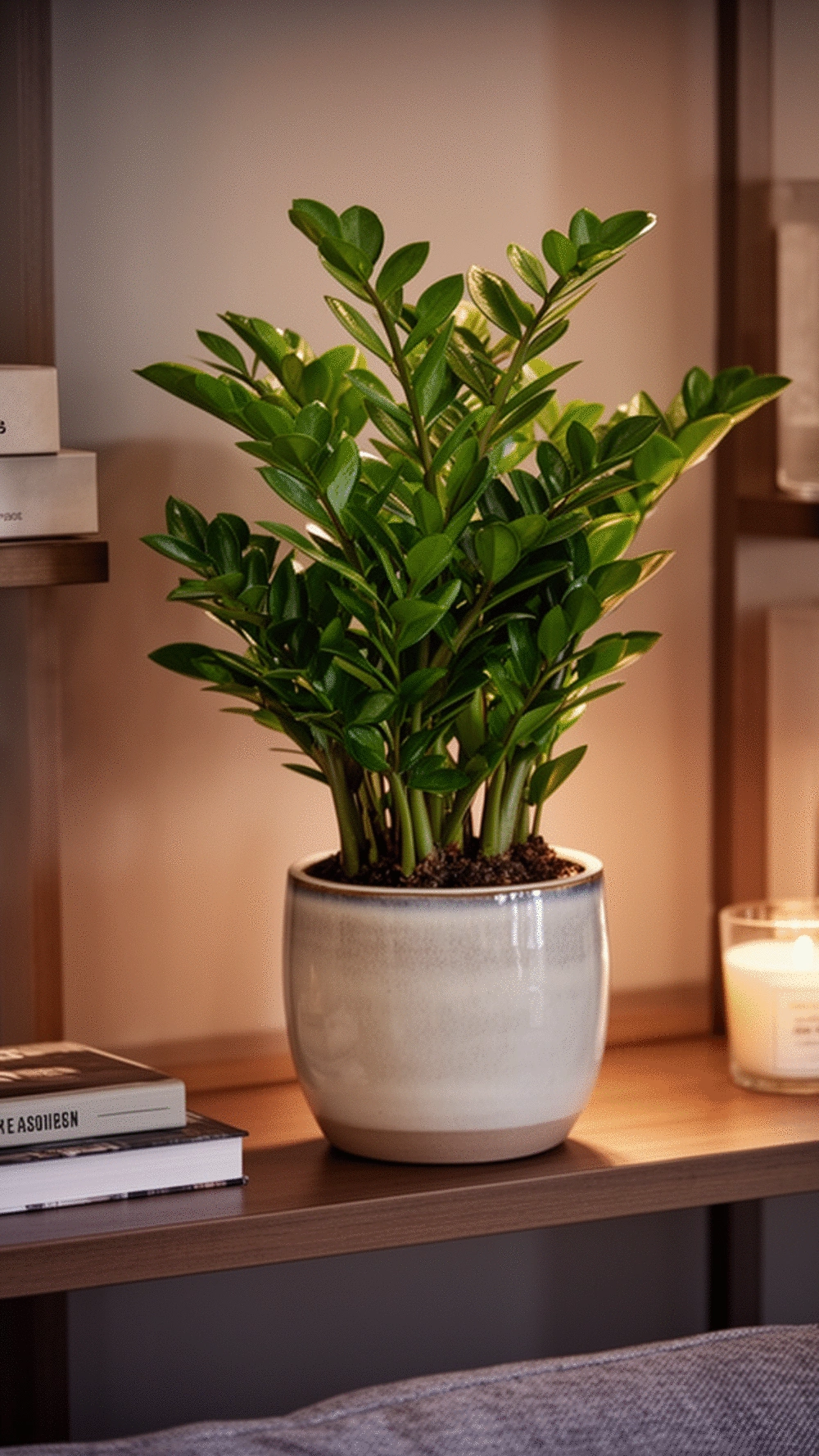 ZZ Plant on a Living Room Shelf That Thrives Far from Any Window