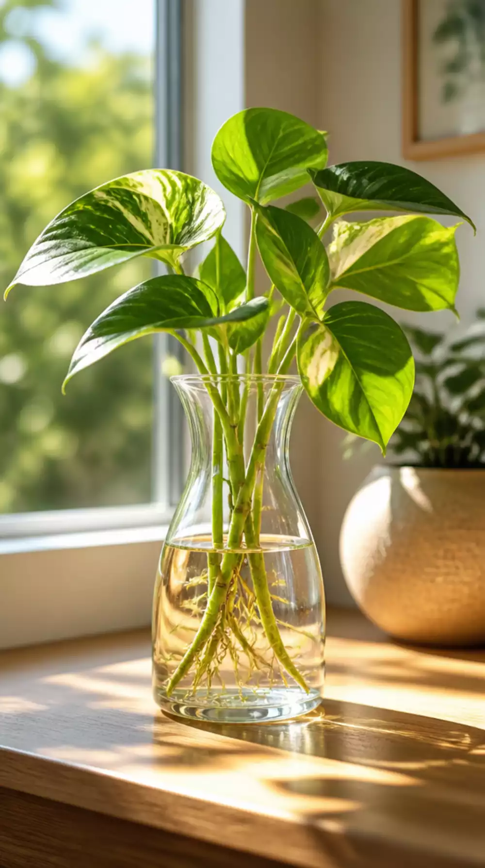 Pothos Cutting Propagated in a Clear Glass Vase That Roots on a Sunny Windowsill
