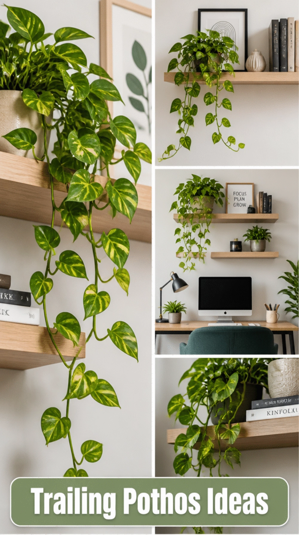 Home Office Trailing Pothos on a Floating Shelf That Softens a Bare Work Wall