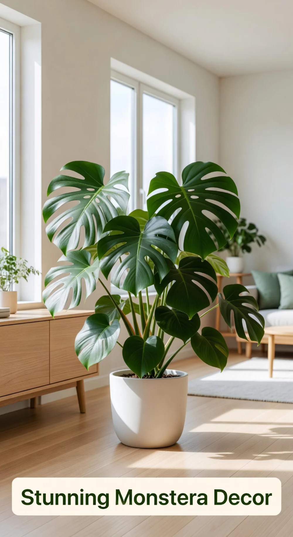 Monstera Deliciosa in a Wide Matte White Pot Styled in a Bright Living Room