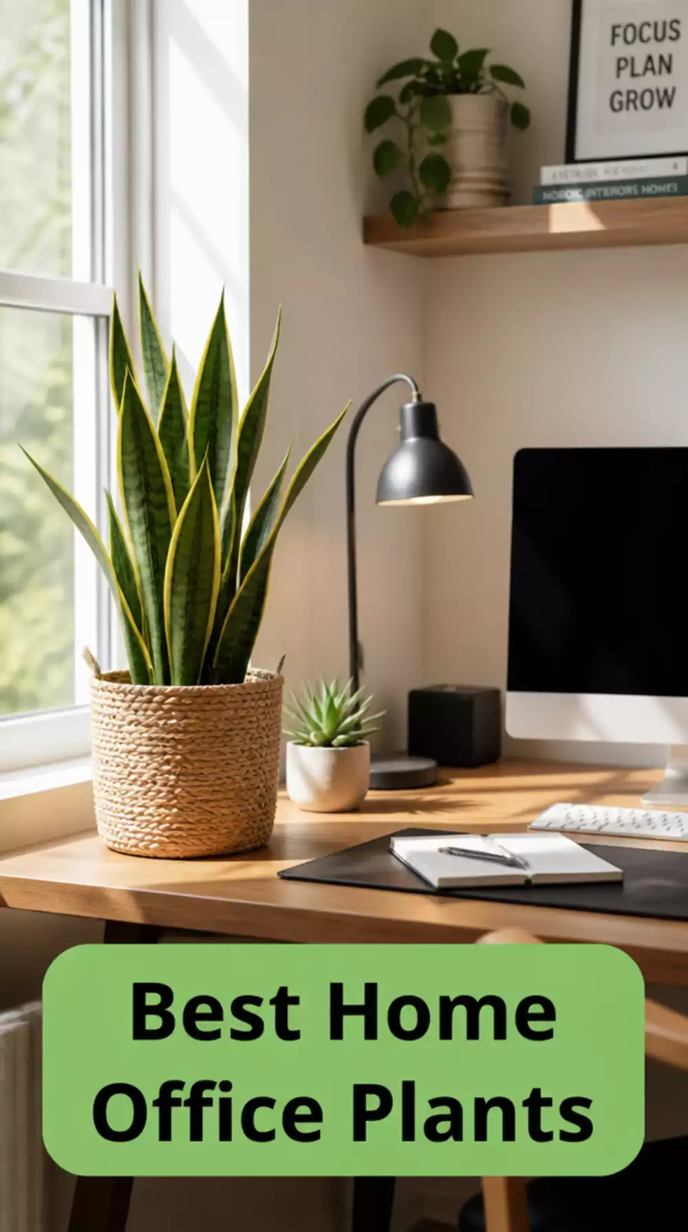 Snake Plant in a Woven Basket That Brings Quiet Greenery to a Home Office Desk