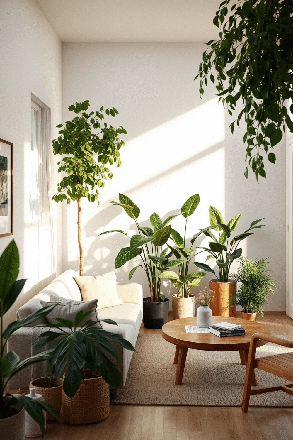 Modern living room with a variety of indoor plants, a neutral-toned sofa, and wooden furniture, showcasing harmonious decor.