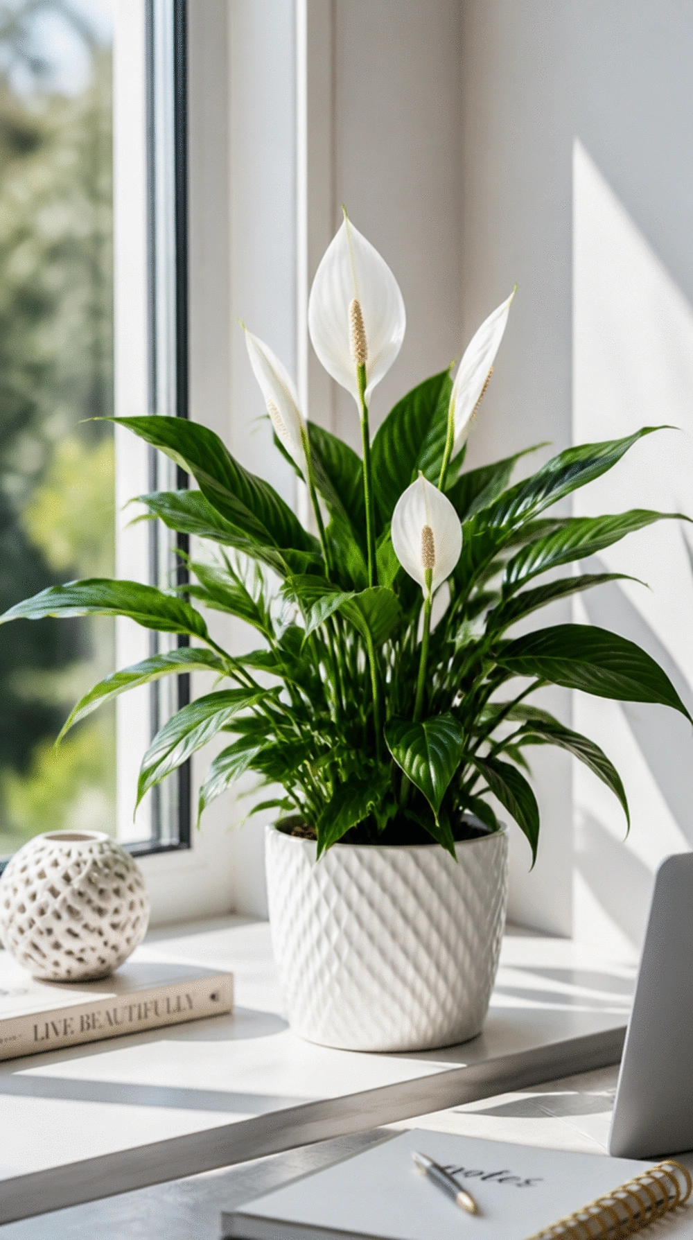 Office Window Sill Peace Lily in a White Ceramic Pot That Reduces Desk Stress