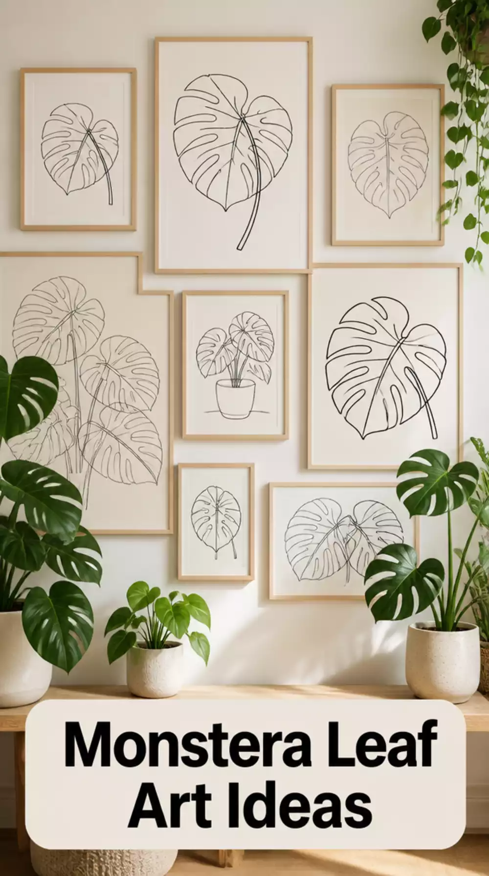 Monstera Leaf Line Art Print in a Neutral Frame for Minimalist Decor