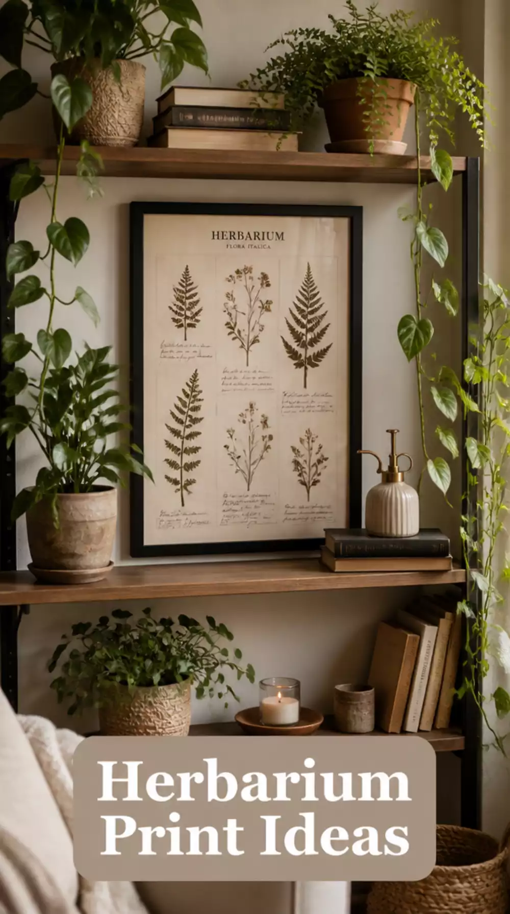 Styled Shelf with Black Framed Herbarium Print