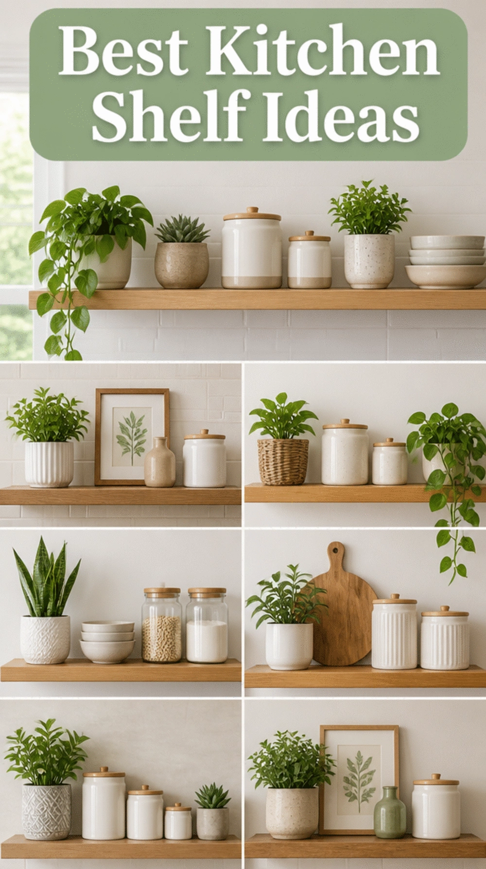 Kitchen Floating Shelf Styled with Small Potted Plants and Ceramic Canisters