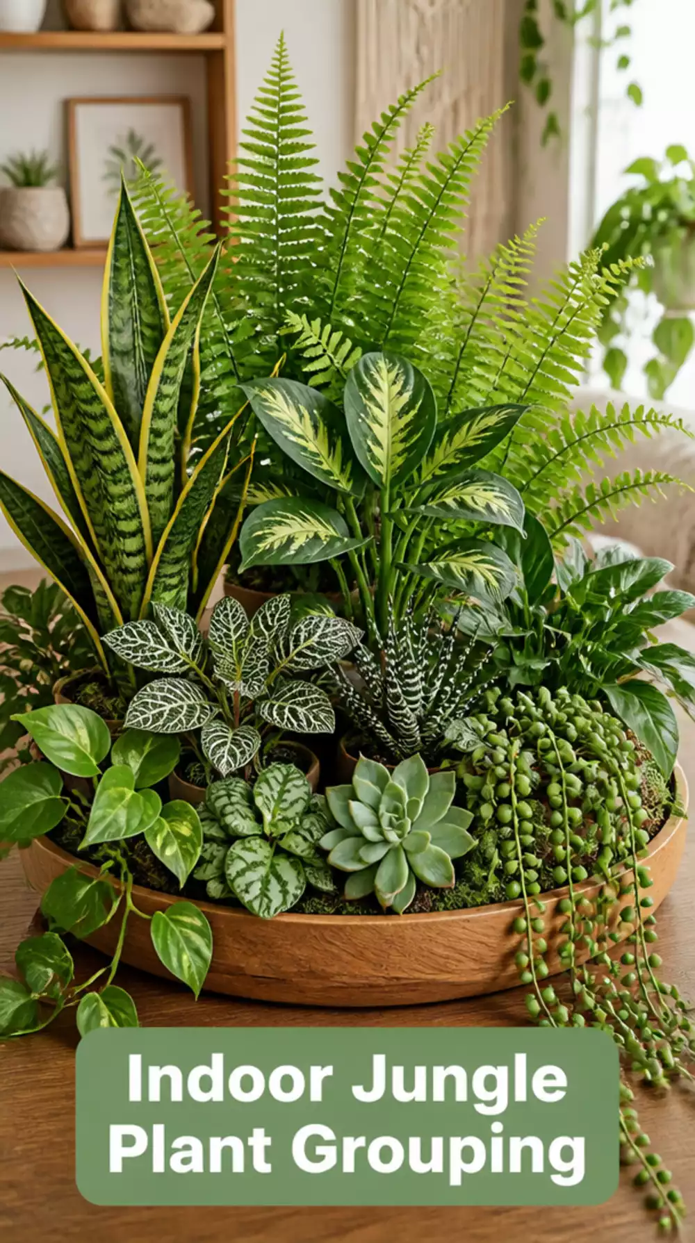 Indoor Jungle Plant Grouping on a Large Wooden Tray That Looks Deliberately Lush