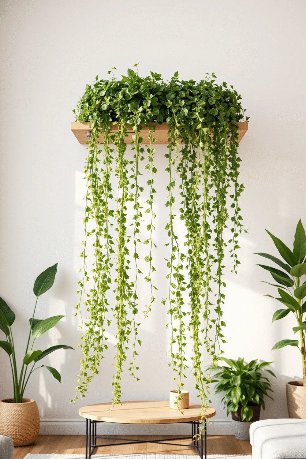 Trailing green plants cascading from a high shelf in a modern, minimalist living room, soft natural light, clean background.