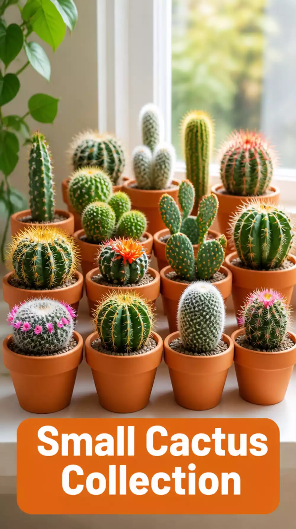 Small Cactus Collection on a Home Office Window Sill in Matching Terracotta Pots