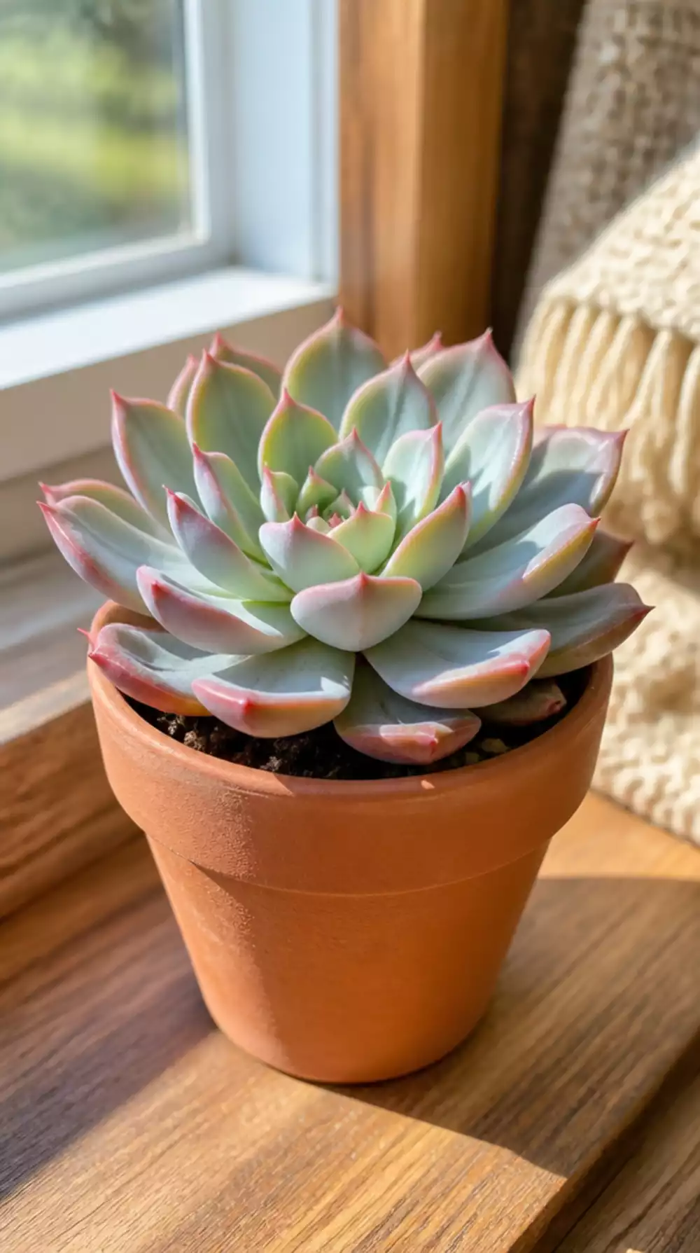 Echeveria Succulent in a Small Terracotta Pot That Thrives on a Sunny Windowsill