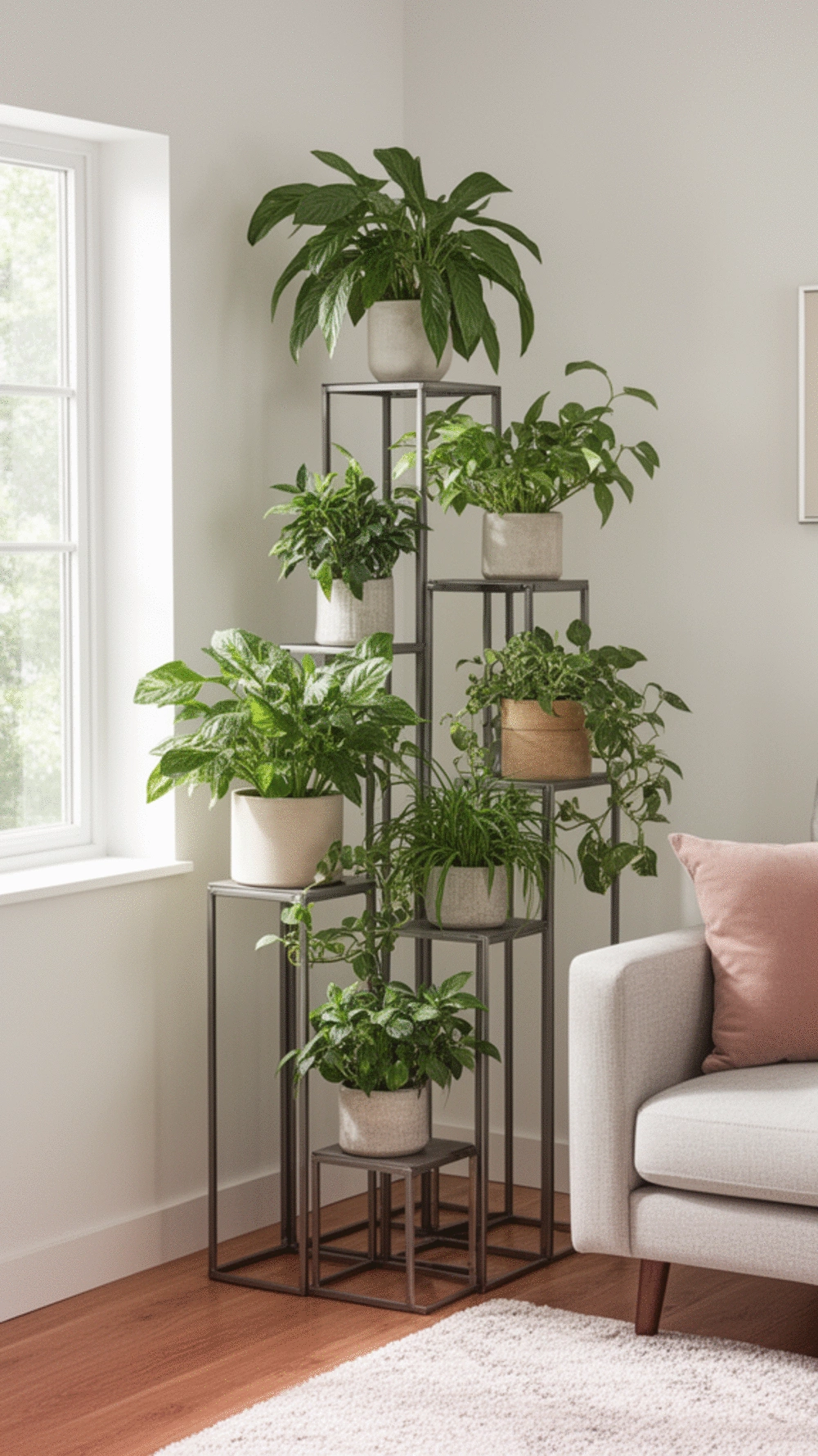 Tiered Metal Plant Stand That Displays Multiple Pots in a Small Space