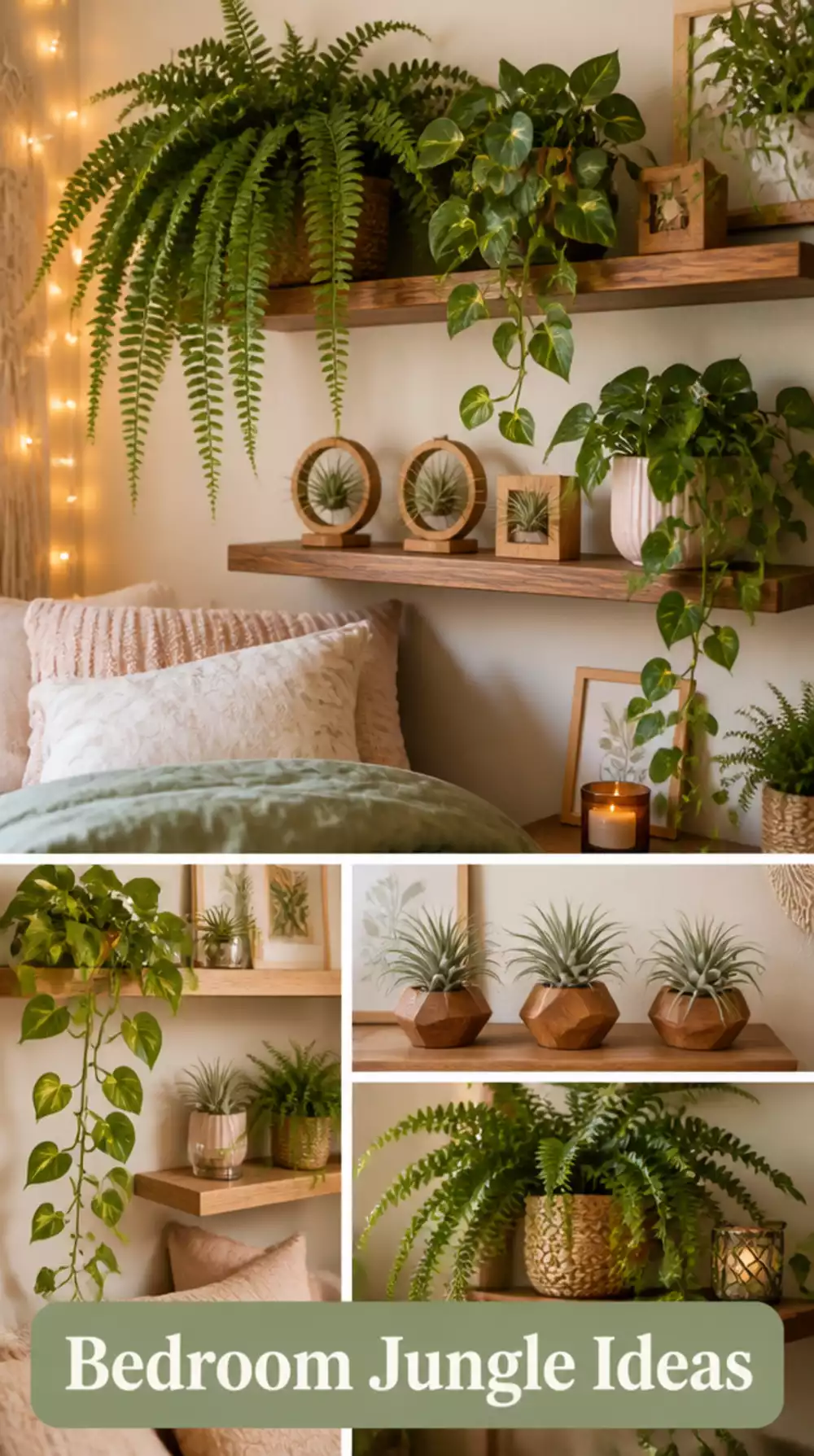 Bedroom Indoor Jungle Shelf Packed with Ferns- Pothos- and Air Plants Together