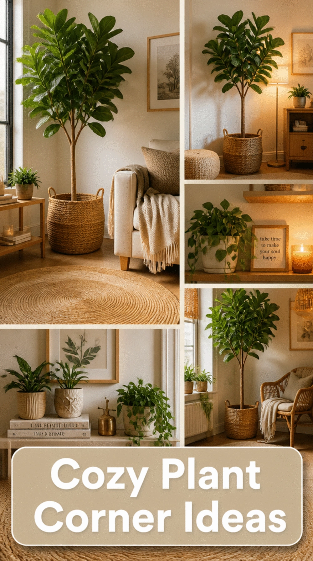Small Apartment Boho Plant Corner with a Floor Plant and a Woven Floor Rug