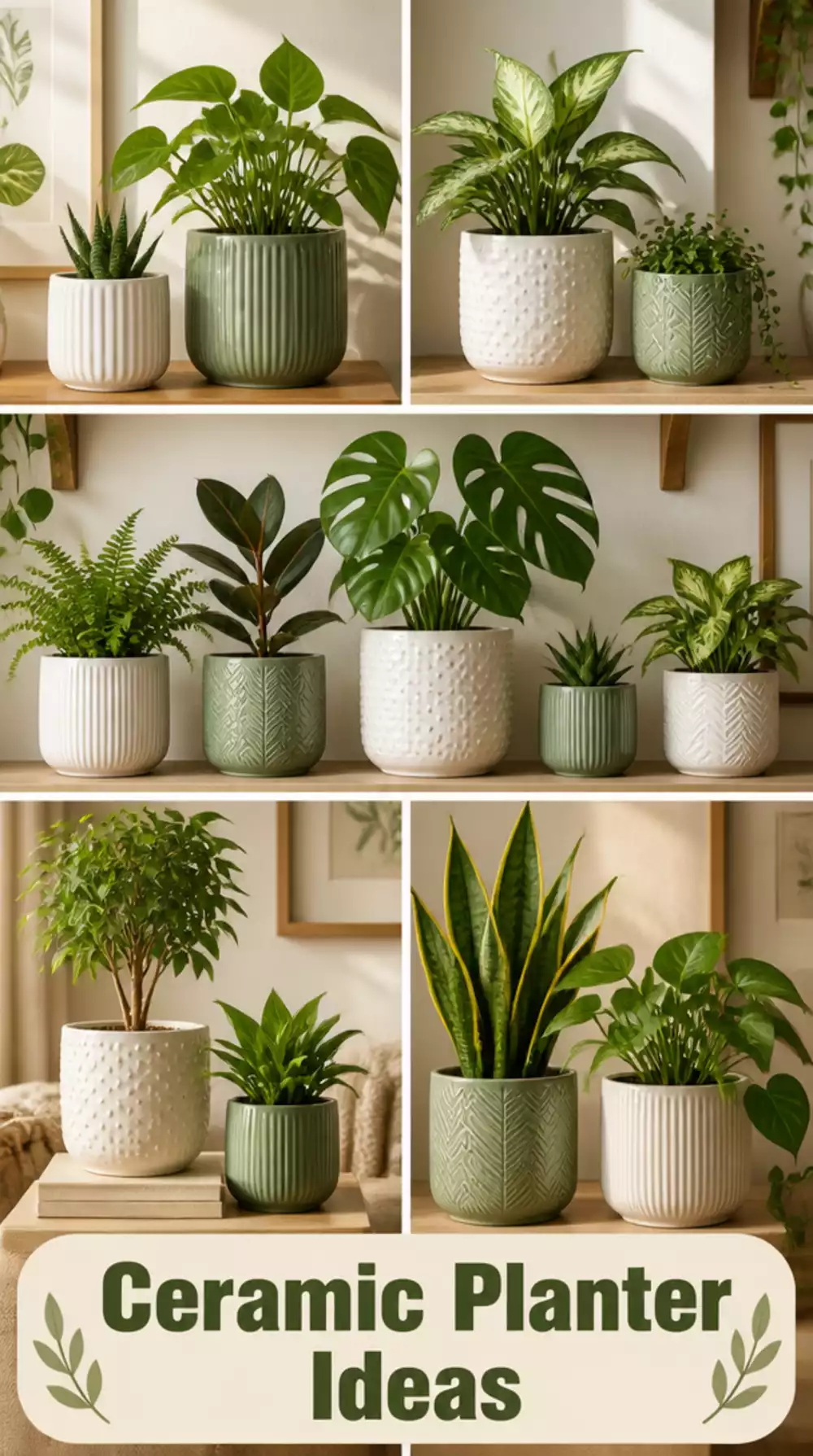 Matching Ceramic Planter Set in White and Sage That Makes a Shelf Look Cohesive