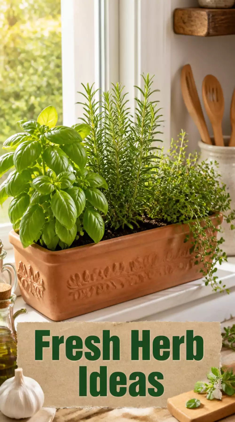 Terracotta Herb Planter on Windowsill for Fresh Kitchen Herbs