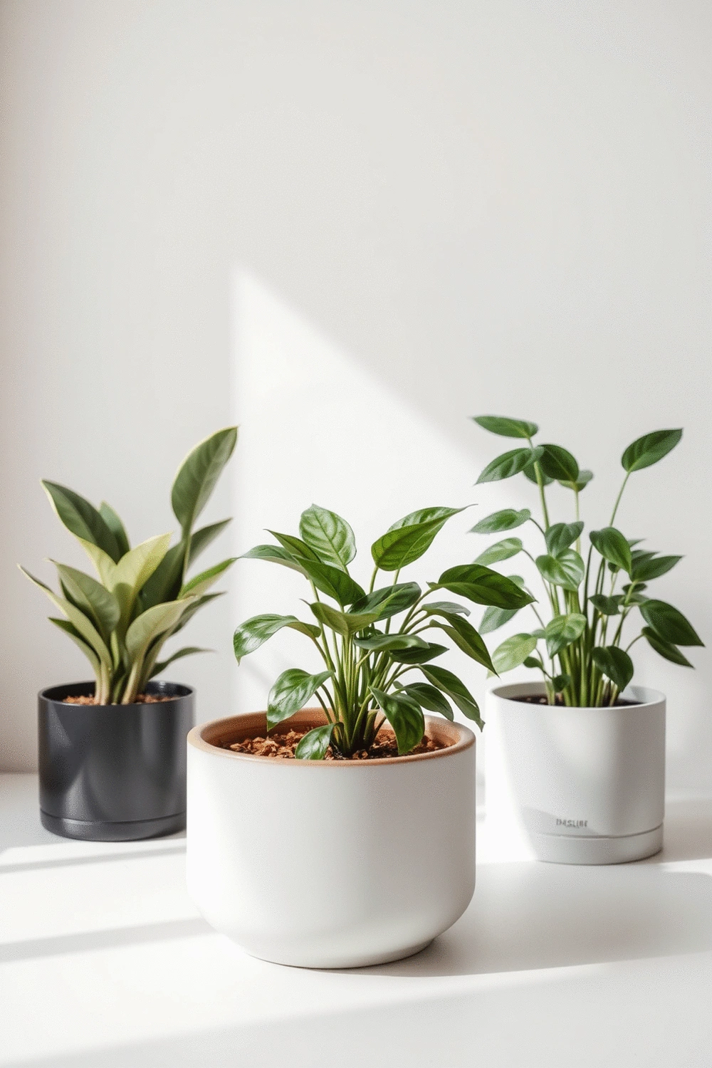 A collection of low-maintenance indoor plants including a Snake Plant, Pothos, and ZZ Plant, arranged in simple, modern pots on a clean, light-colored surface.