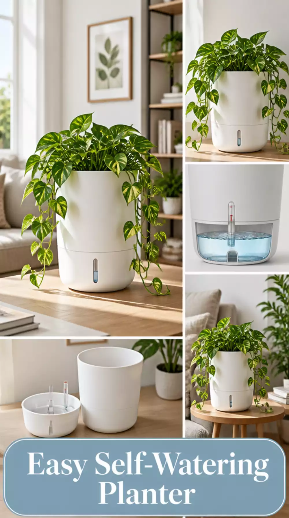 Living Room Self-Watering Planter in White That Keeps a Pothos Hydrated for Weeks