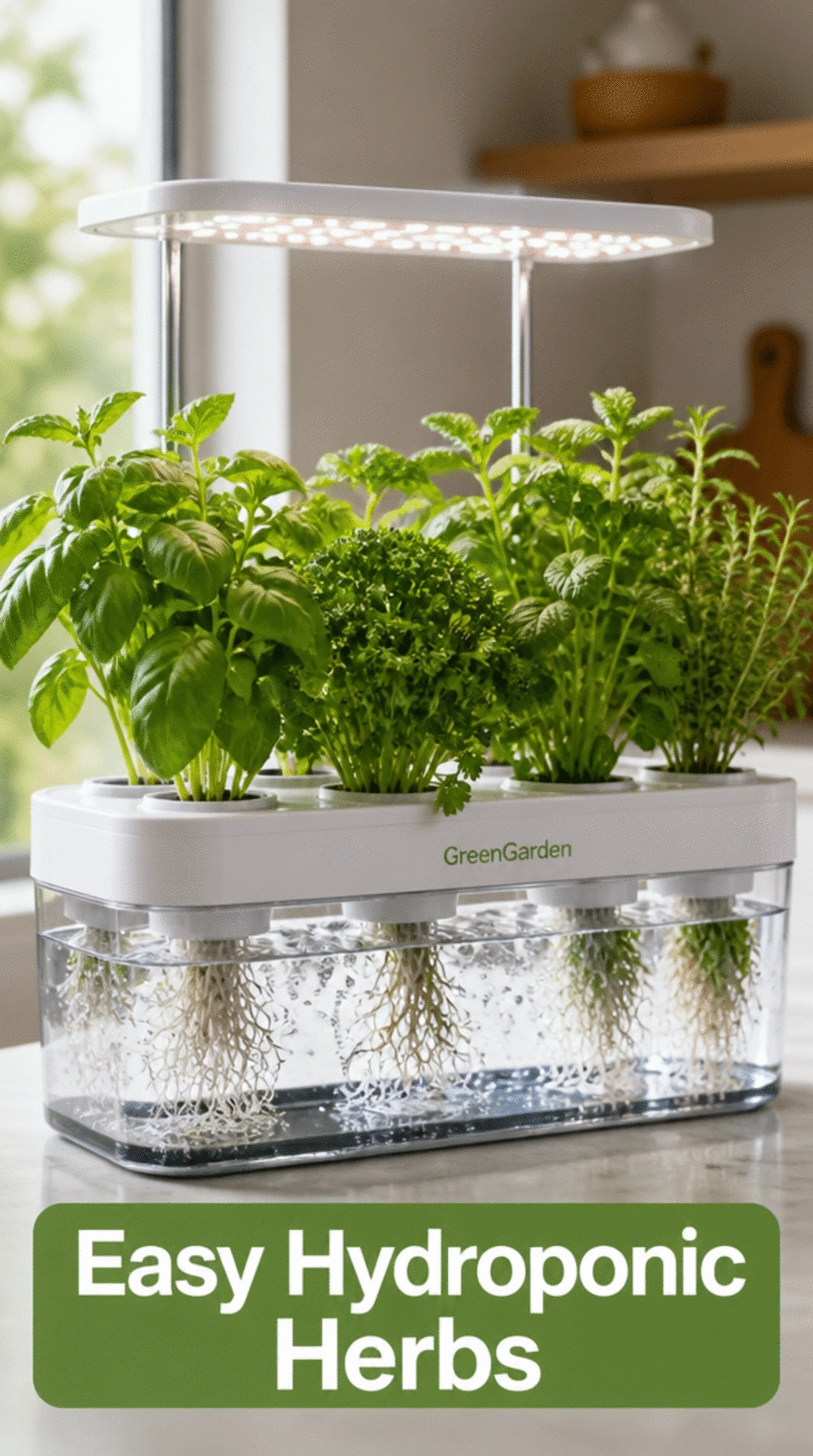 Compact Hydroponic Herb Kit for a Kitchen Counter That Grows Herbs in Water