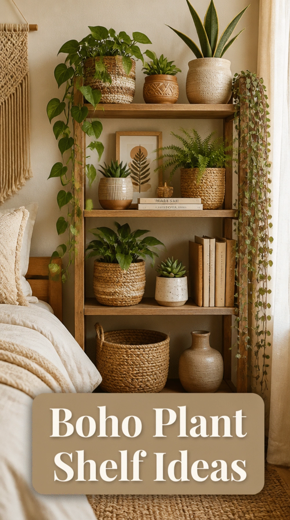 Boho Bedroom Plant Shelf with Woven Baskets, Ceramic Pots, and Trailing Greenery