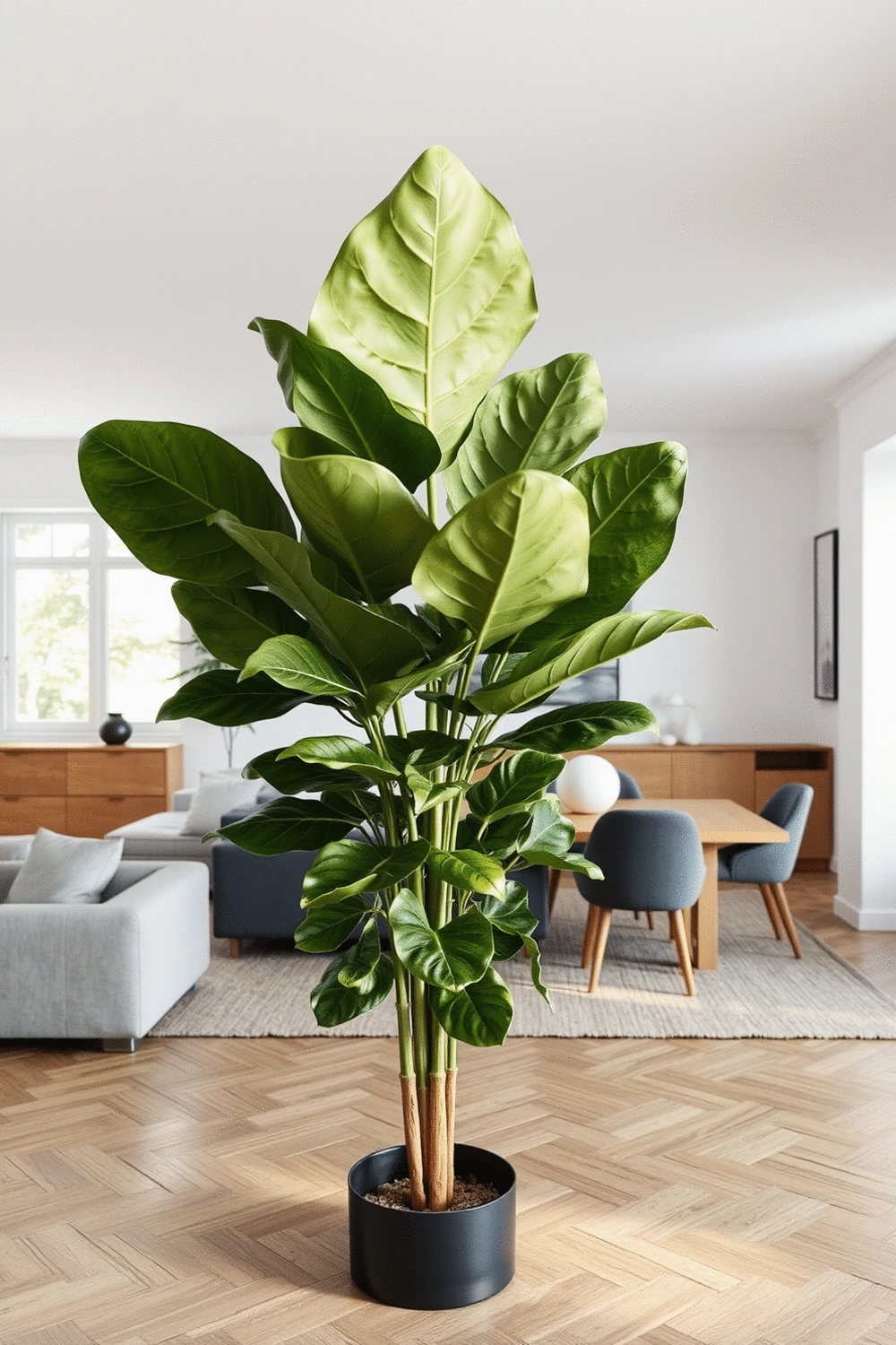 Tall fiddle-leaf fig plant strategically placed to divide an open-plan living and dining area, with soft natural light filtering in.