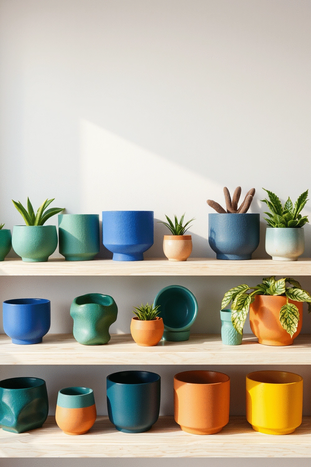 A collection of modern, minimalist planters in various bold colors like emerald green, royal blue, and terracotta, arranged artfully on a light wooden shelf. The planters are empty, showcasing their unique shapes and finishes. Soft, diffused natural light highlights the textures. no text, no words, no typography, no labels, clean image, no humans, no people, no hands, no body parts