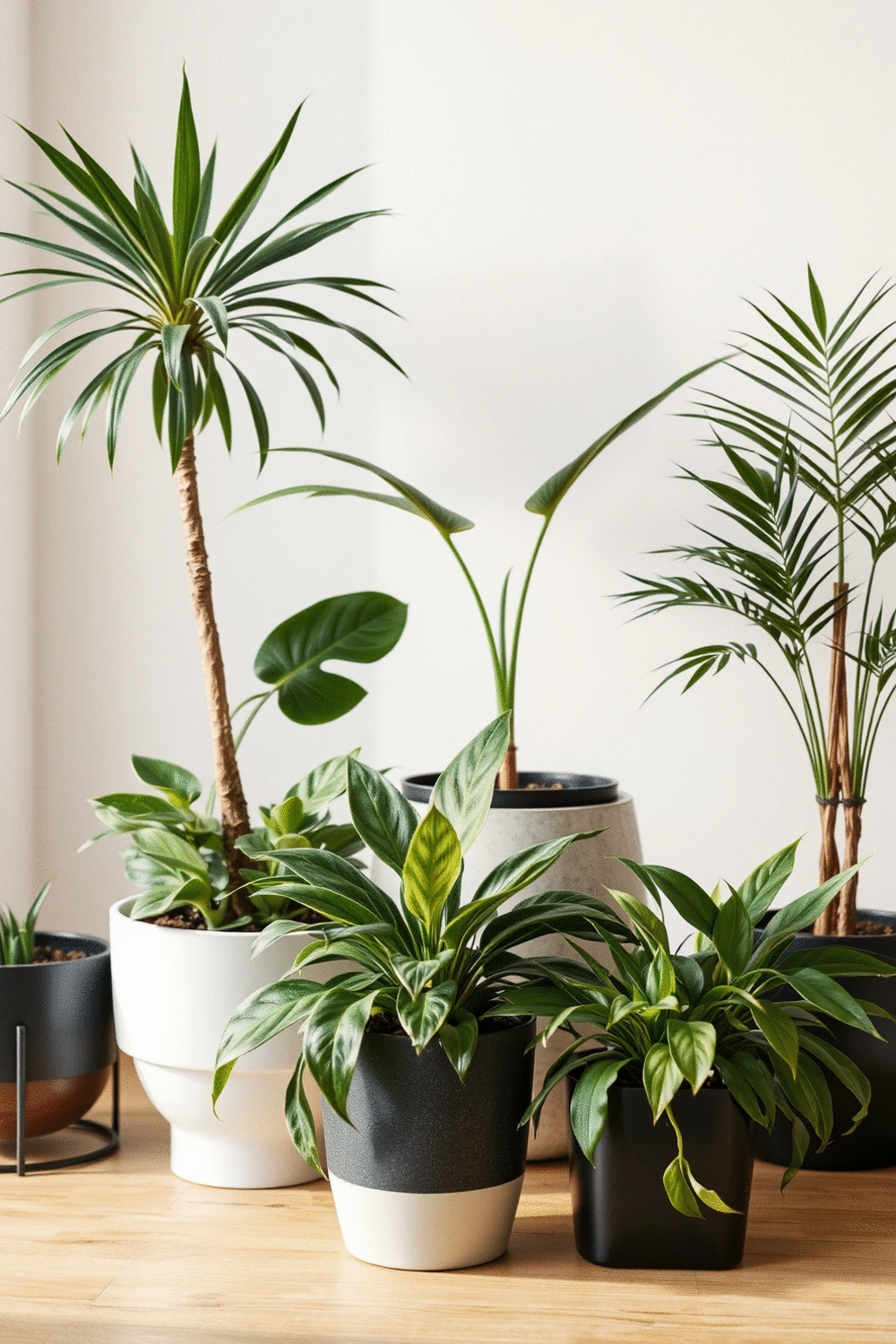 A collection of various air-purifying plants, including a Spider Plant, Areca Palm, and Dracaena, arranged aesthetically in modern planters on a clean wooden surface.
