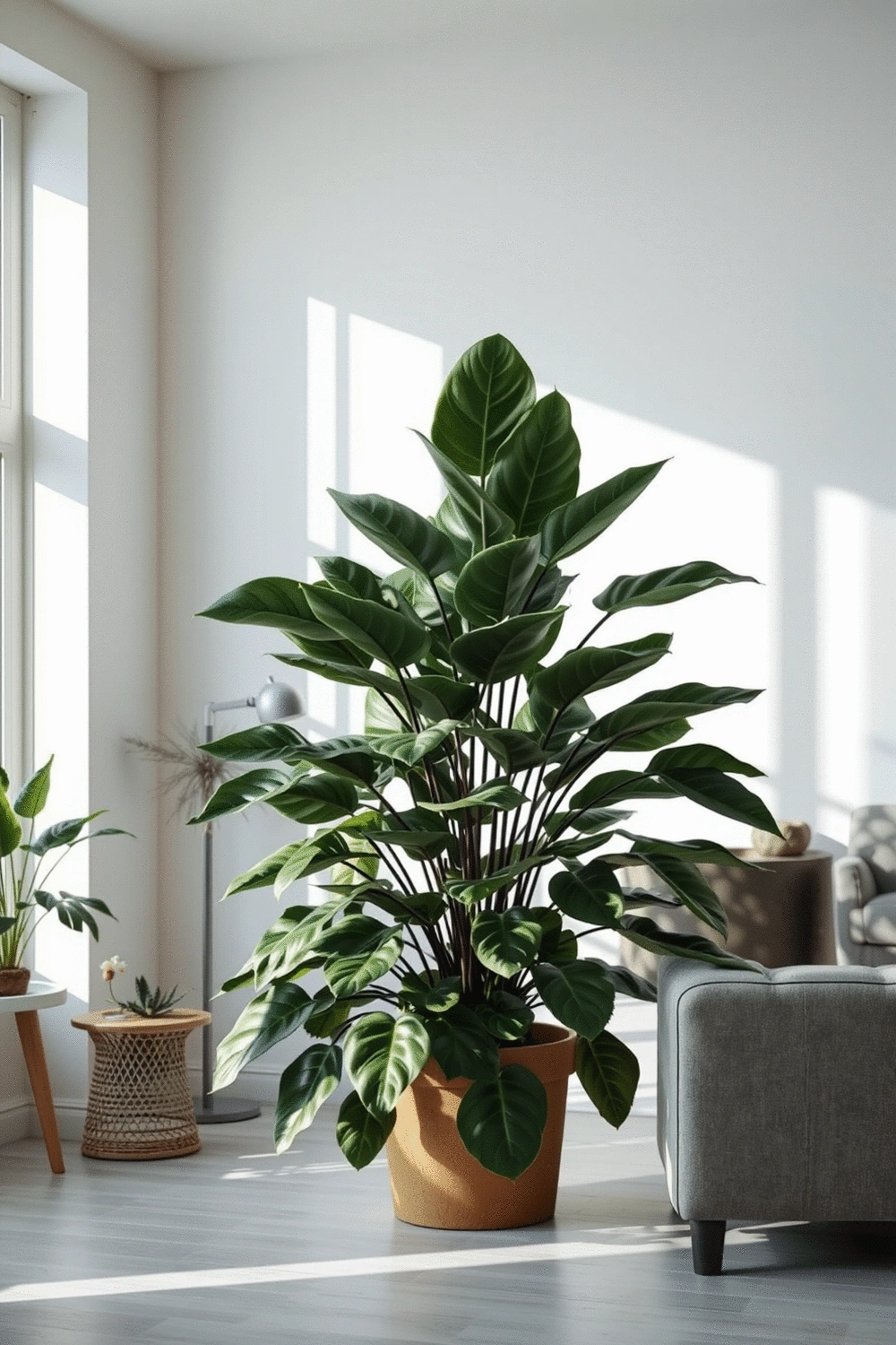 Large indoor plant in a minimalist modern living room