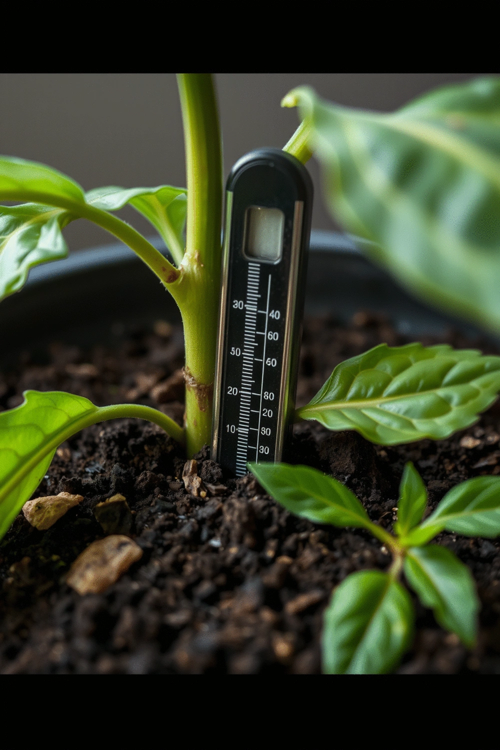 A close-up of a plant's soil with a moisture meter inserted, indicating optimal moisture levels, surrounded by healthy green leaves.