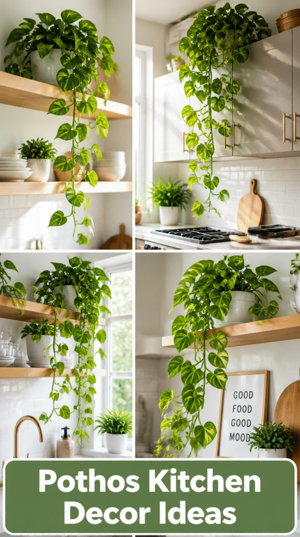 Trailing Pothos on a Kitchen Shelf Above the Cabinets That Softens Hard Lines