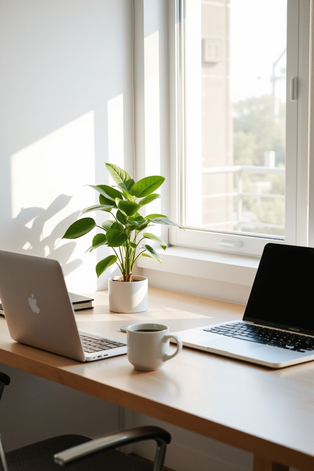 A tastefully arranged home office desk with a lush potted plant, a minimalist laptop, and a ceramic mug, bathed in soft, indirect sunlight, promoting focus and calm.