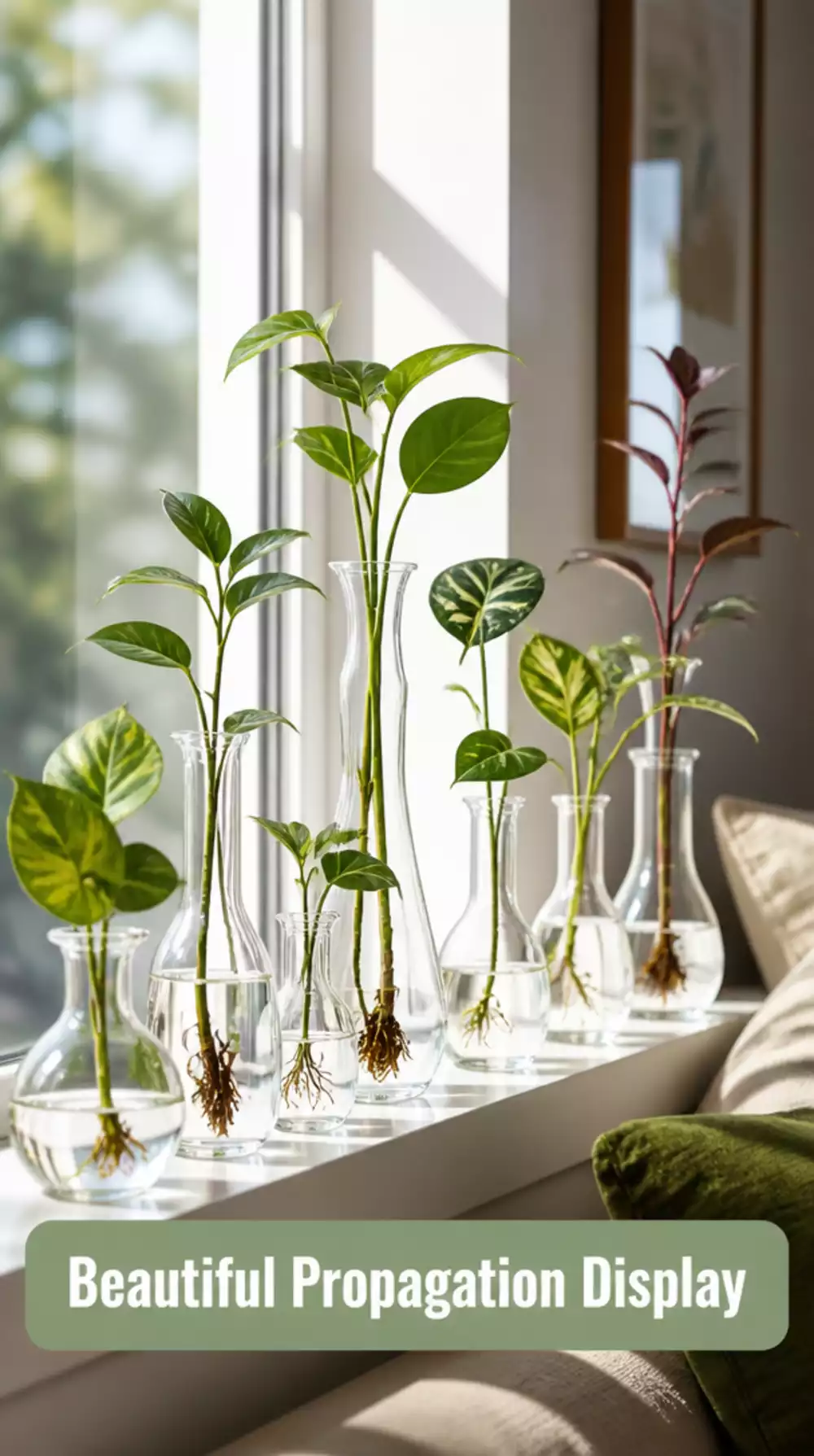 Clear Glass Bud Vase Propagation Display That Lines a Living Room Window Ledge