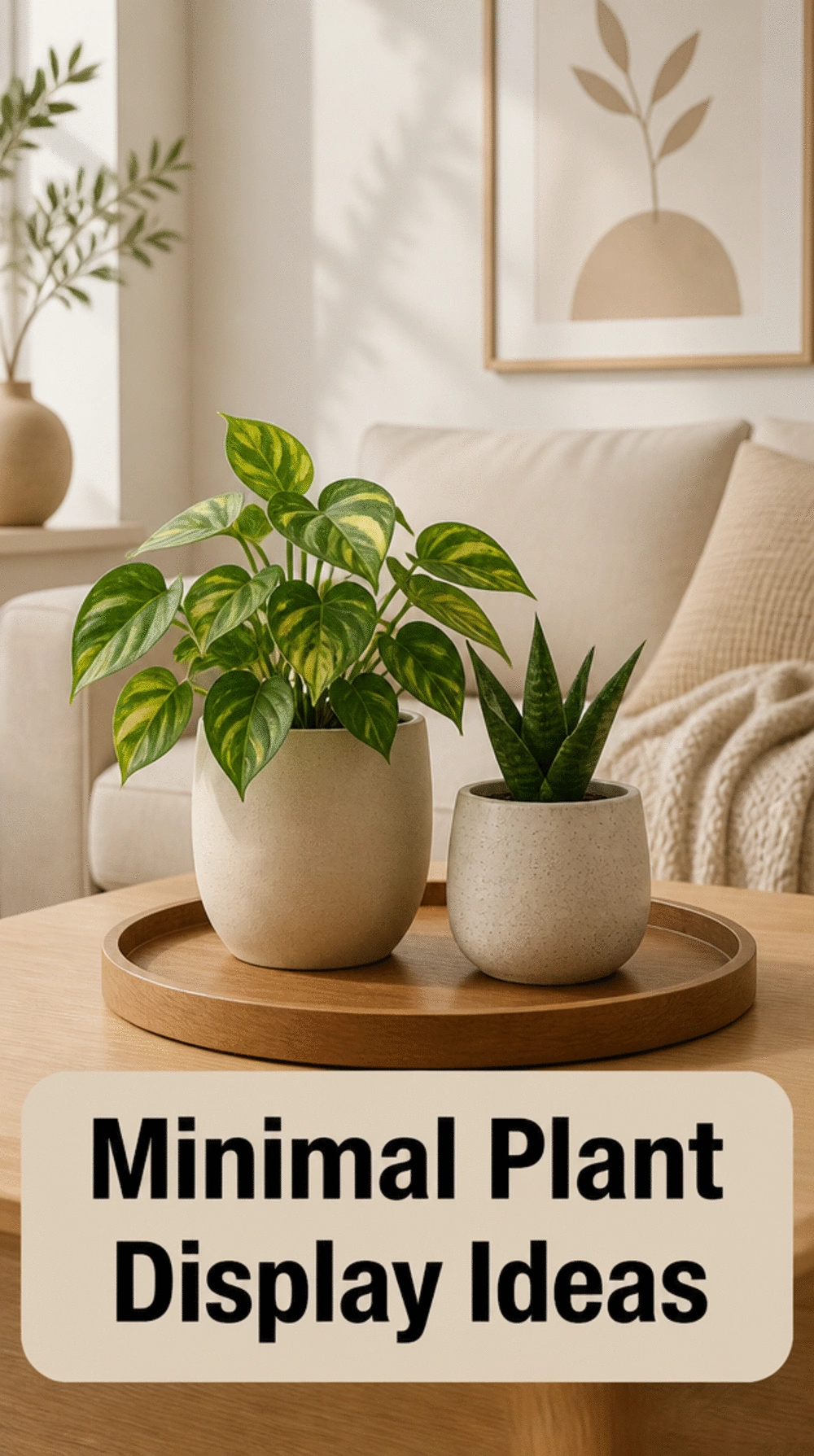 Minimal Living Room Plant Display Using Just Two Plants and a Wooden Tray